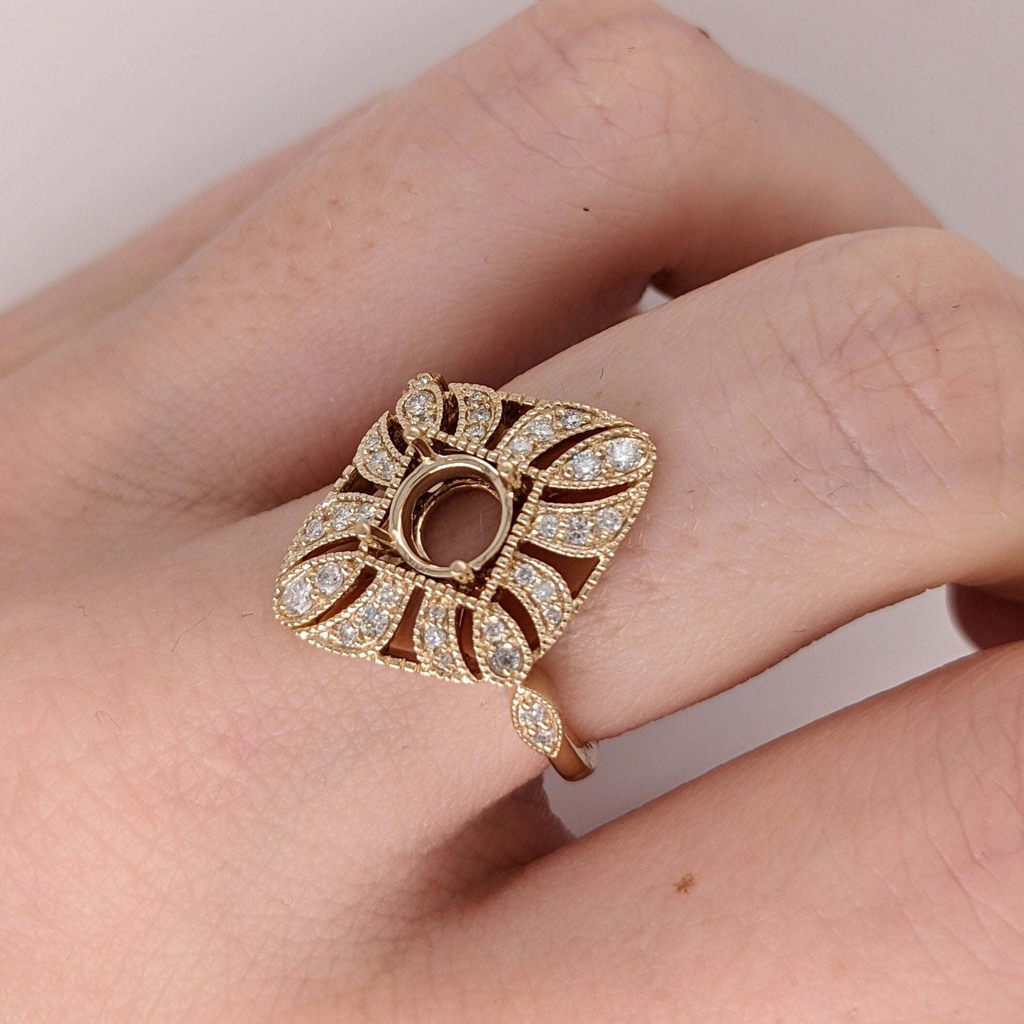 Vintage Inspired Ring Semi Mount w Diamonds in Solid 14K Gold | Round 6mm Brilliant Cut | Milgrain | Custom Gemstone Jewelry | Stone Setting