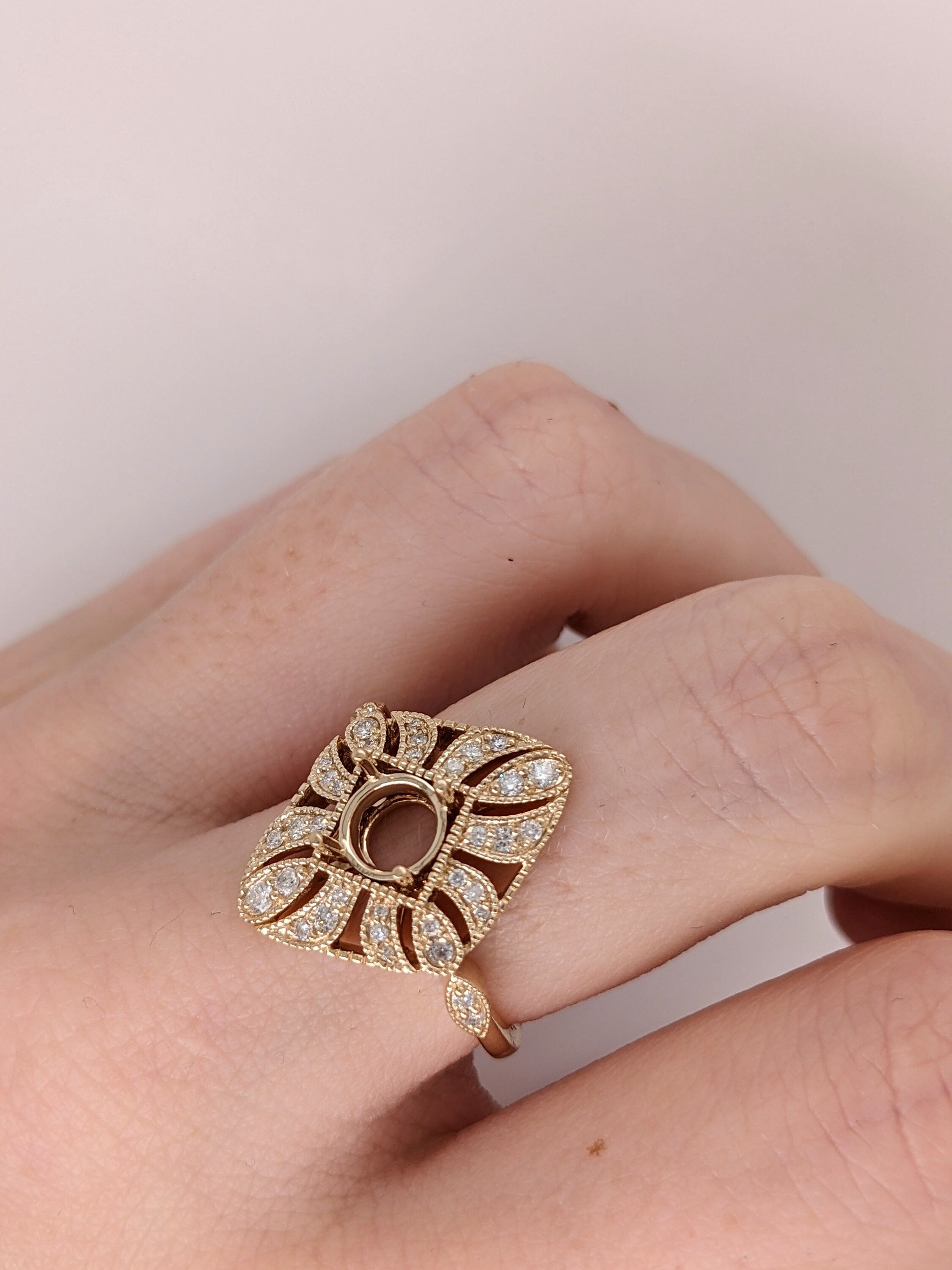 Vintage Inspired Ring Semi Mount w Diamonds in Solid 14K Gold | Round 6mm Brilliant Cut | Milgrain | Custom Gemstone Jewelry | Stone Setting