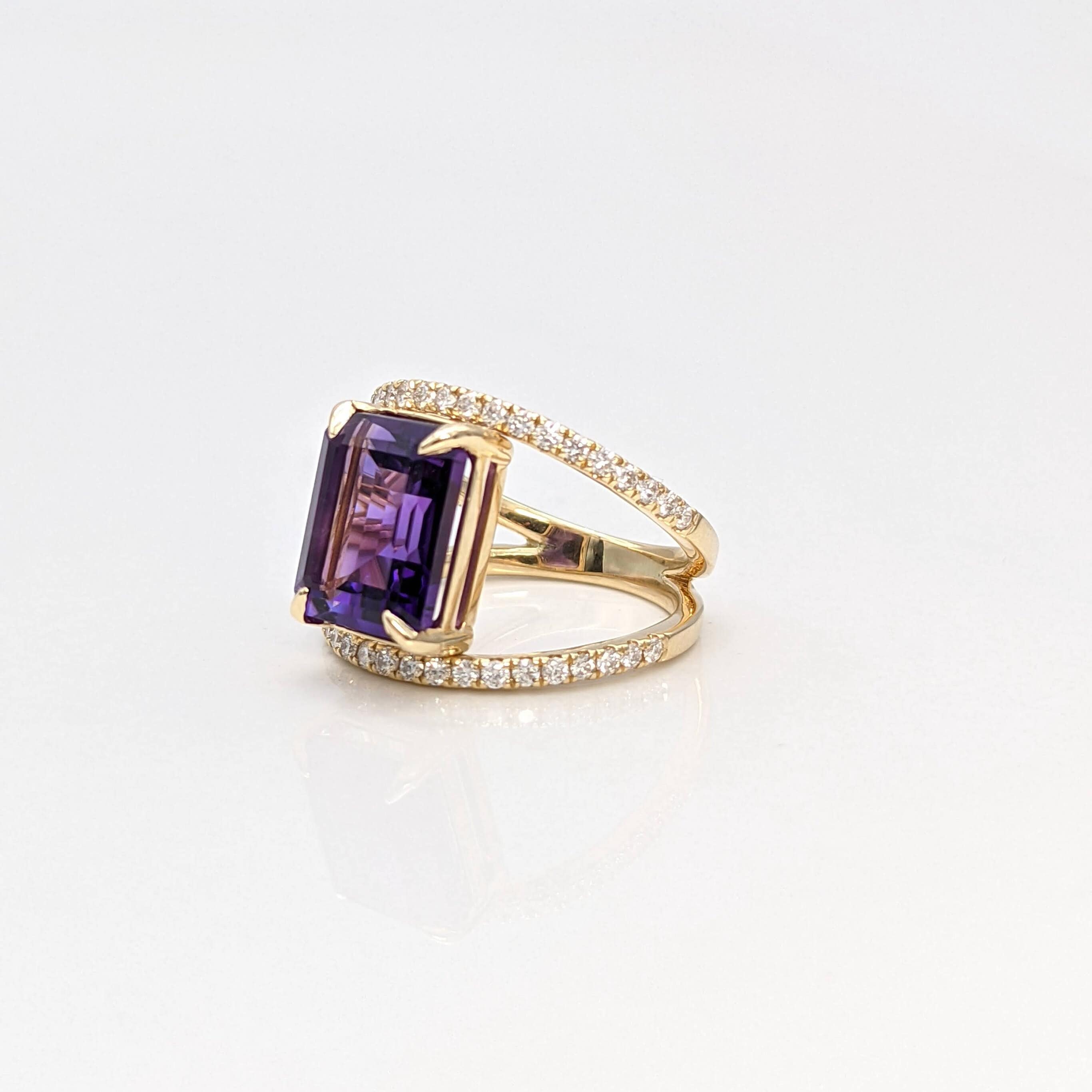 Statement Rings-Large Amethyst Ring w All Natural Diamond Accents in Solid 14k Yellow Gold | Emerald Cut 11x9mm | Open Split Shank | February Birthstone - NNJGemstones