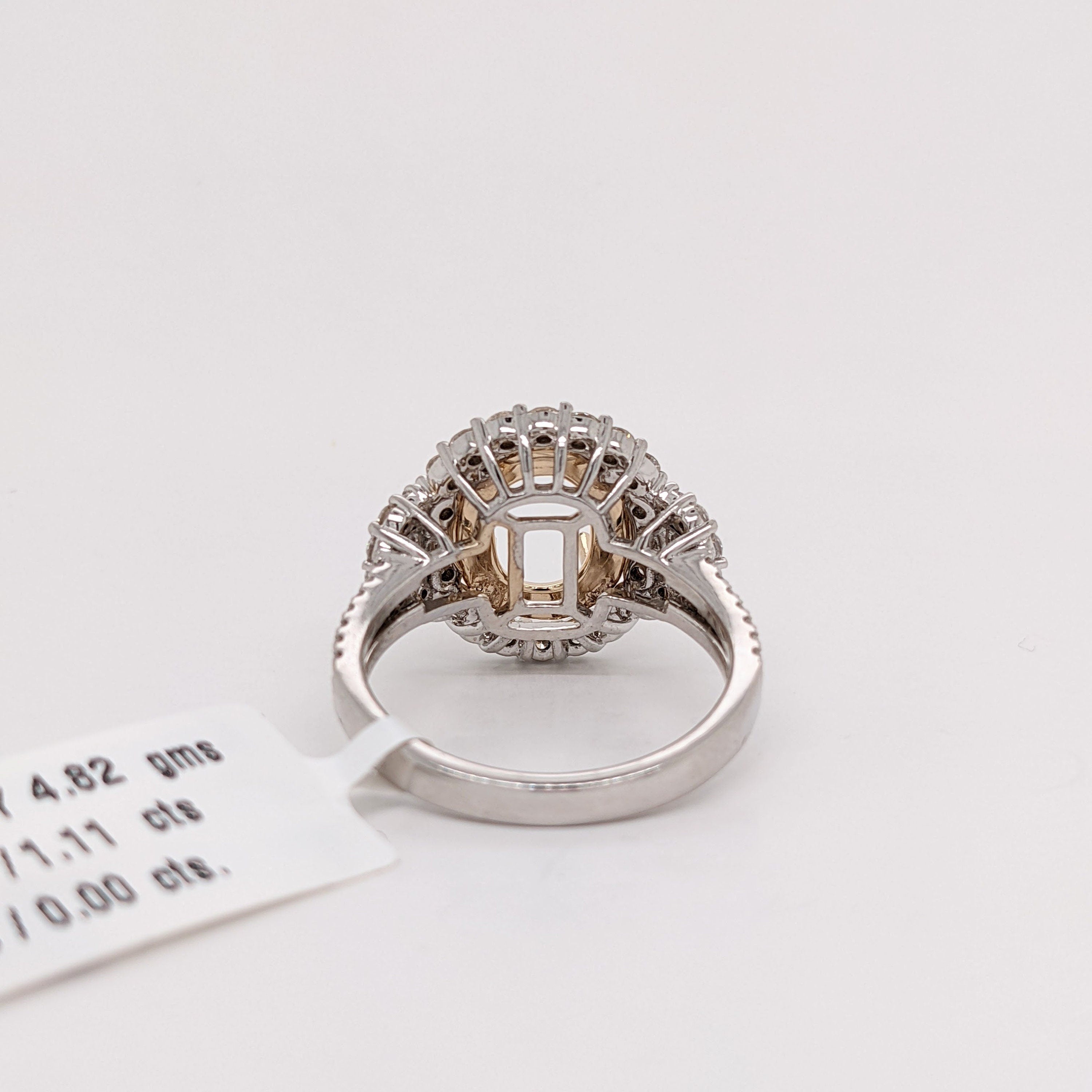 Two Tone Double Diamond Halo Ring Semi Mount in 14K Gold w Baguette Diamond Accent | Oval Cut | Pave Diamond Split Shank | 3 Stone