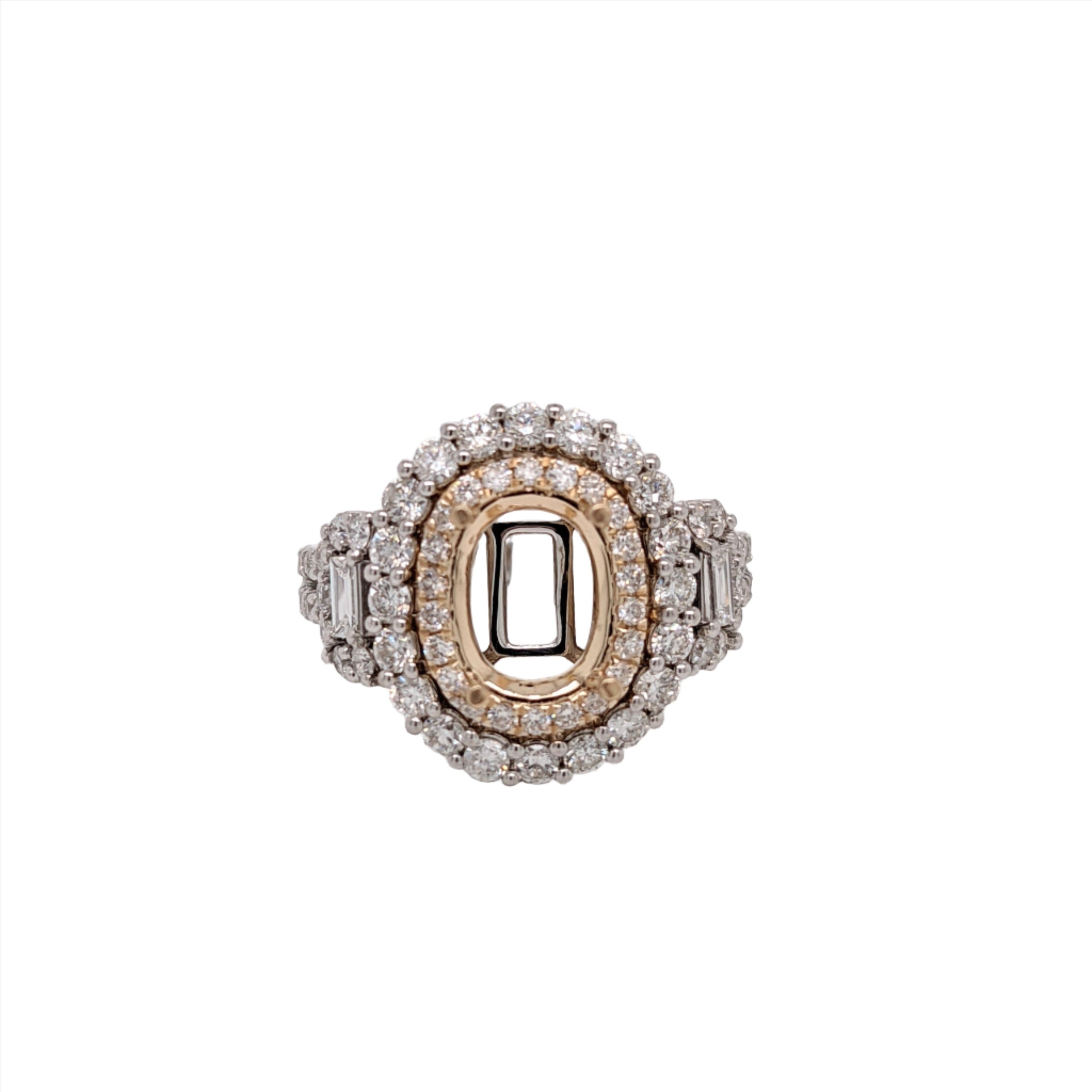 Two Tone Double Diamond Halo Ring Semi Mount in 14K Gold w Baguette Diamond Accent | Oval Cut | Pave Diamond Split Shank | 3 Stone