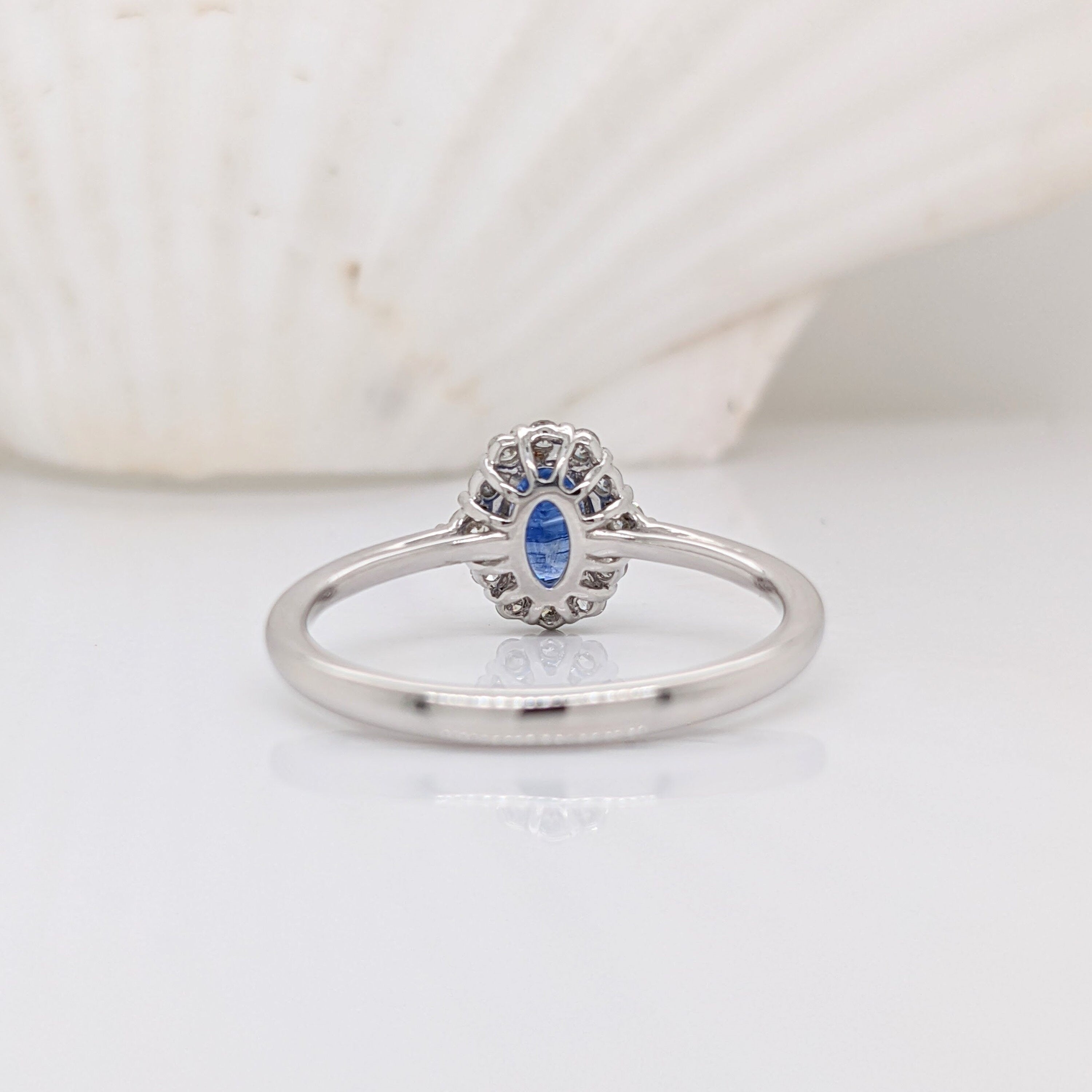 Oval Sapphire Ring w a Natural Diamond Halo in Solid 14k White Gold | Blue Gemstone | 6x4 Oval | Customizable | September Birthstone