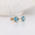 Sky Blue Swiss Topaz Studs in Solid 14K White, Yellow or Rose Gold | Round 6mm | Bezel | Minimalist | Customizable | Daily Wear | Setting