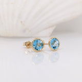 Sky Blue Swiss Topaz Studs in Solid 14K White, Yellow or Rose Gold | Round 6mm | Bezel | Minimalist | Customizable | Daily Wear | Setting