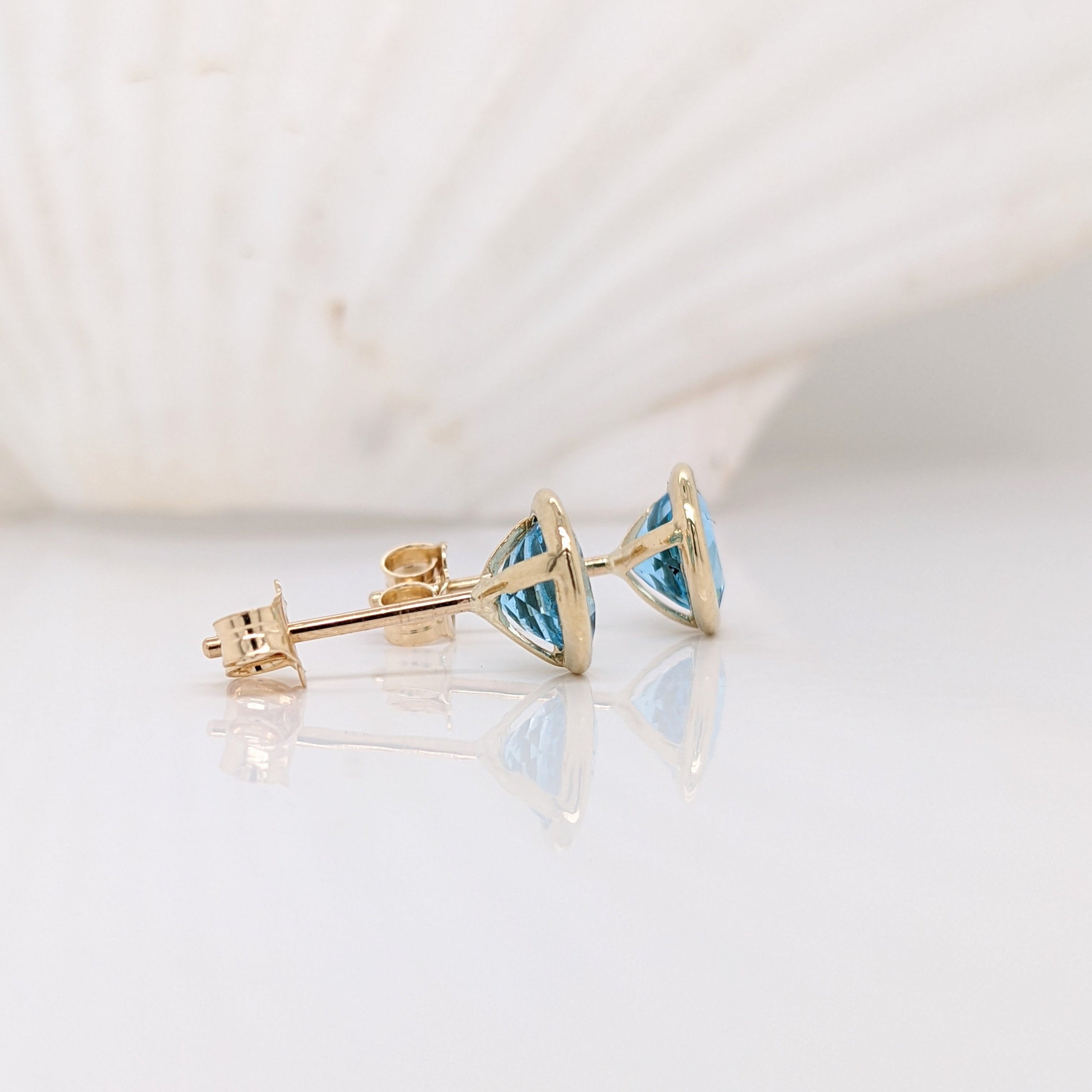 Sky Blue Swiss Topaz Studs in Solid 14K White, Yellow or Rose Gold | Round 6mm | Bezel | Minimalist | Customizable | Daily Wear | Setting