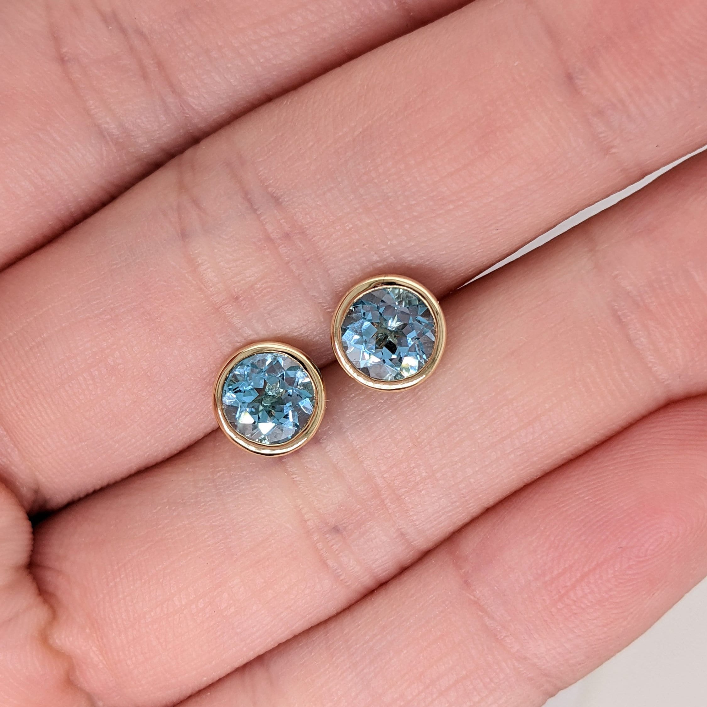 Sky Blue Swiss Topaz Studs in Solid 14K White, Yellow or Rose Gold | Round 6mm | Bezel | Minimalist | Customizable | Daily Wear | Setting
