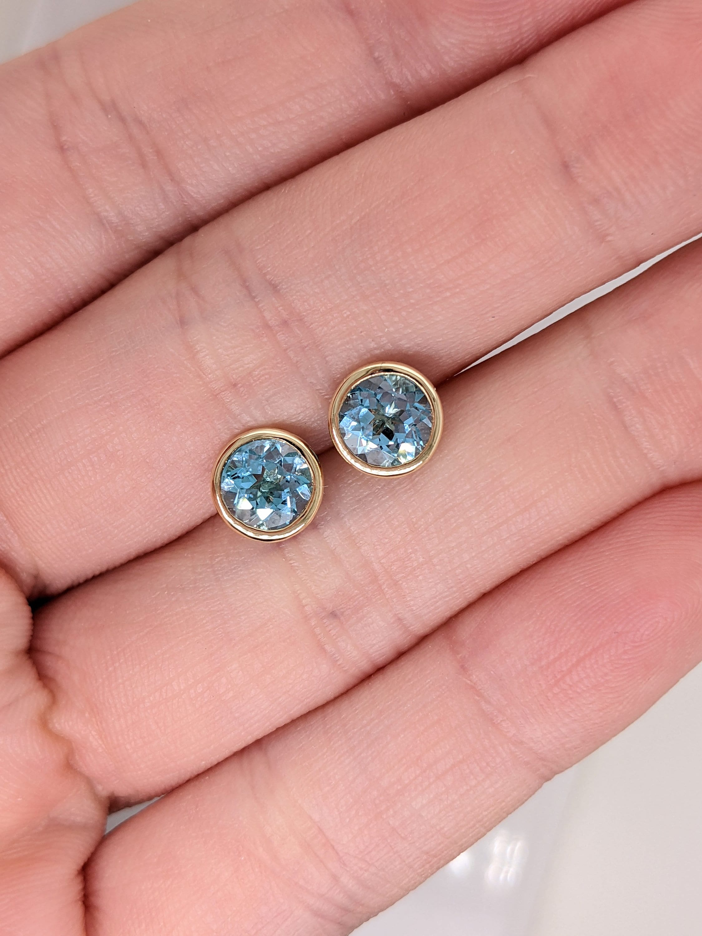Sky Blue Swiss Topaz Studs in Solid 14K White, Yellow or Rose Gold | Round 6mm | Bezel | Minimalist | Customizable | Daily Wear | Setting