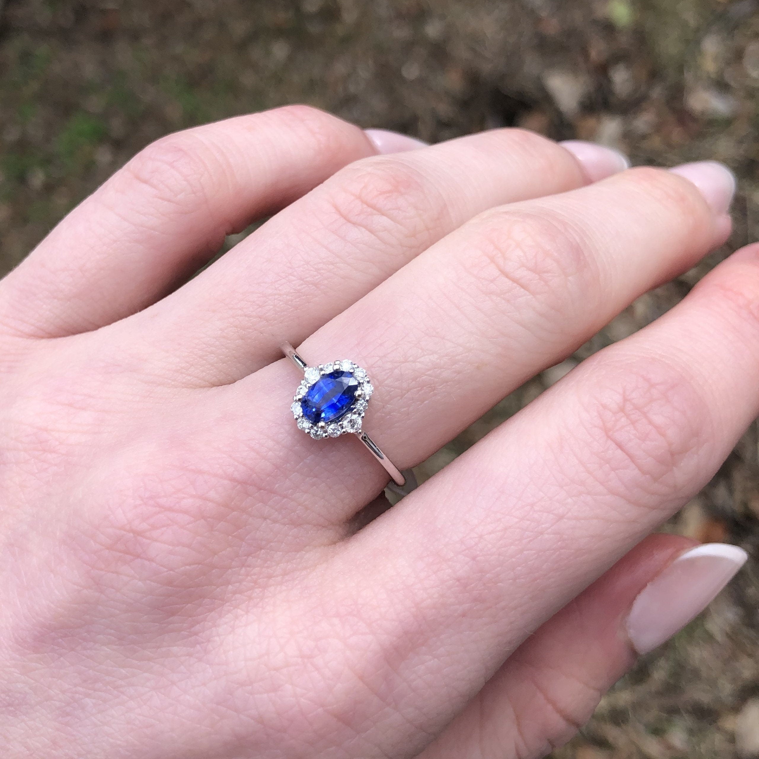 Oval Sapphire Ring w a Natural Diamond Halo in Solid 14k White Gold | Blue Gemstone | 6x4 Oval | Customizable | September Birthstone