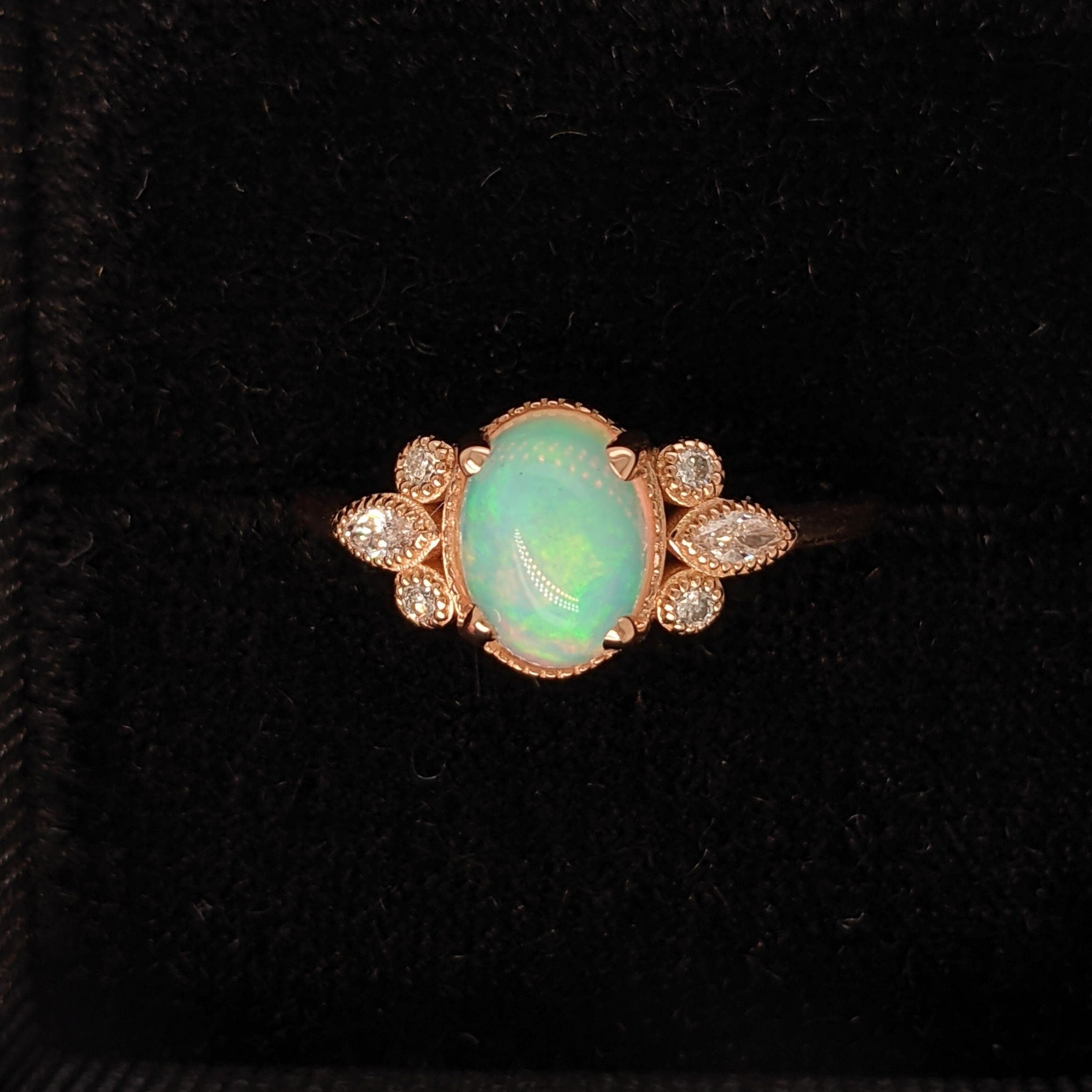 Colorful Ethiopian Opal Ring with Diamond Accents in Solid 14k Rose Gold | Oval 8x6mm | Milgrain | Gemstone Jewelry | October Birthstone