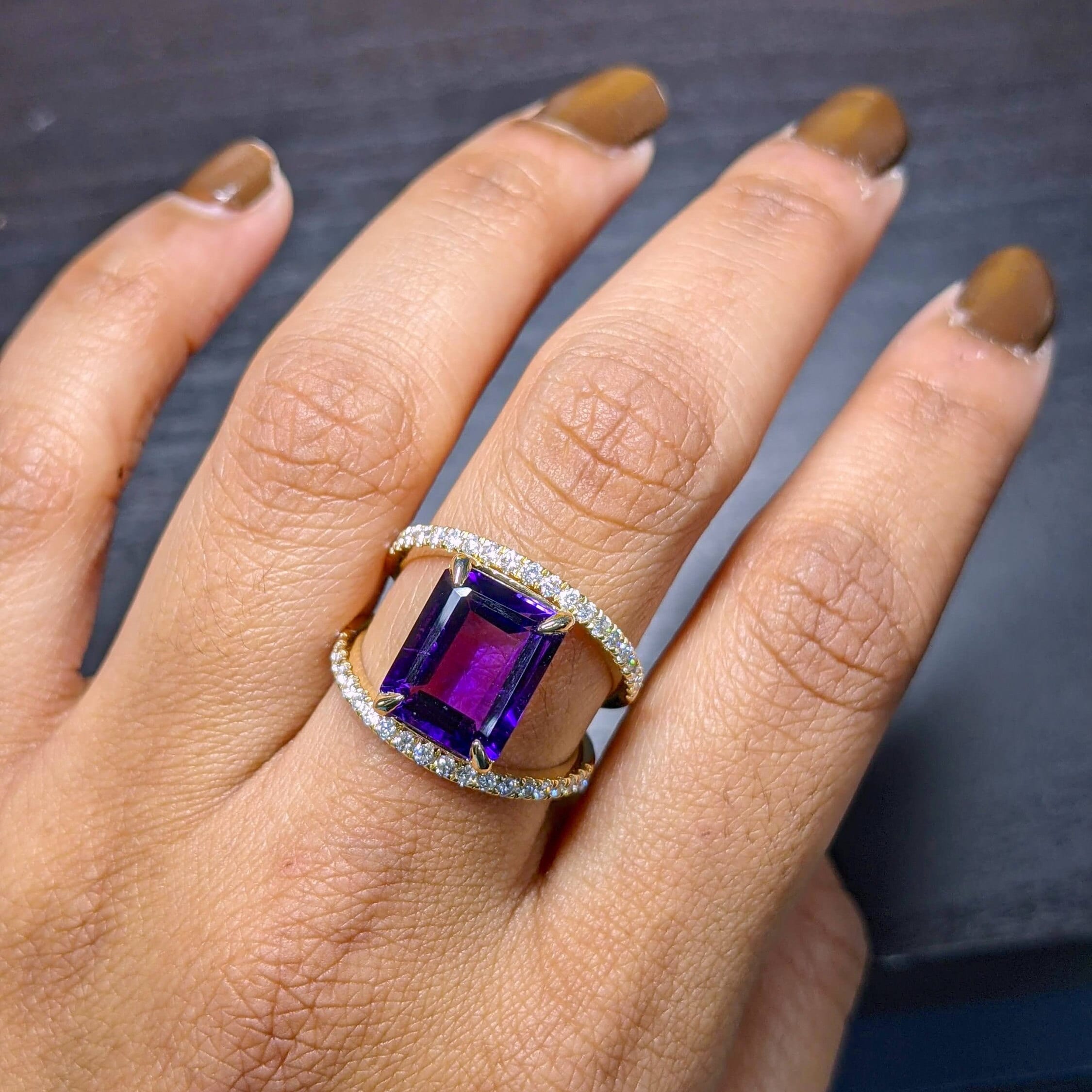 Statement Rings-Large Amethyst Ring w All Natural Diamond Accents in Solid 14k Yellow Gold | Emerald Cut 11x9mm | Open Split Shank | February Birthstone - NNJGemstones