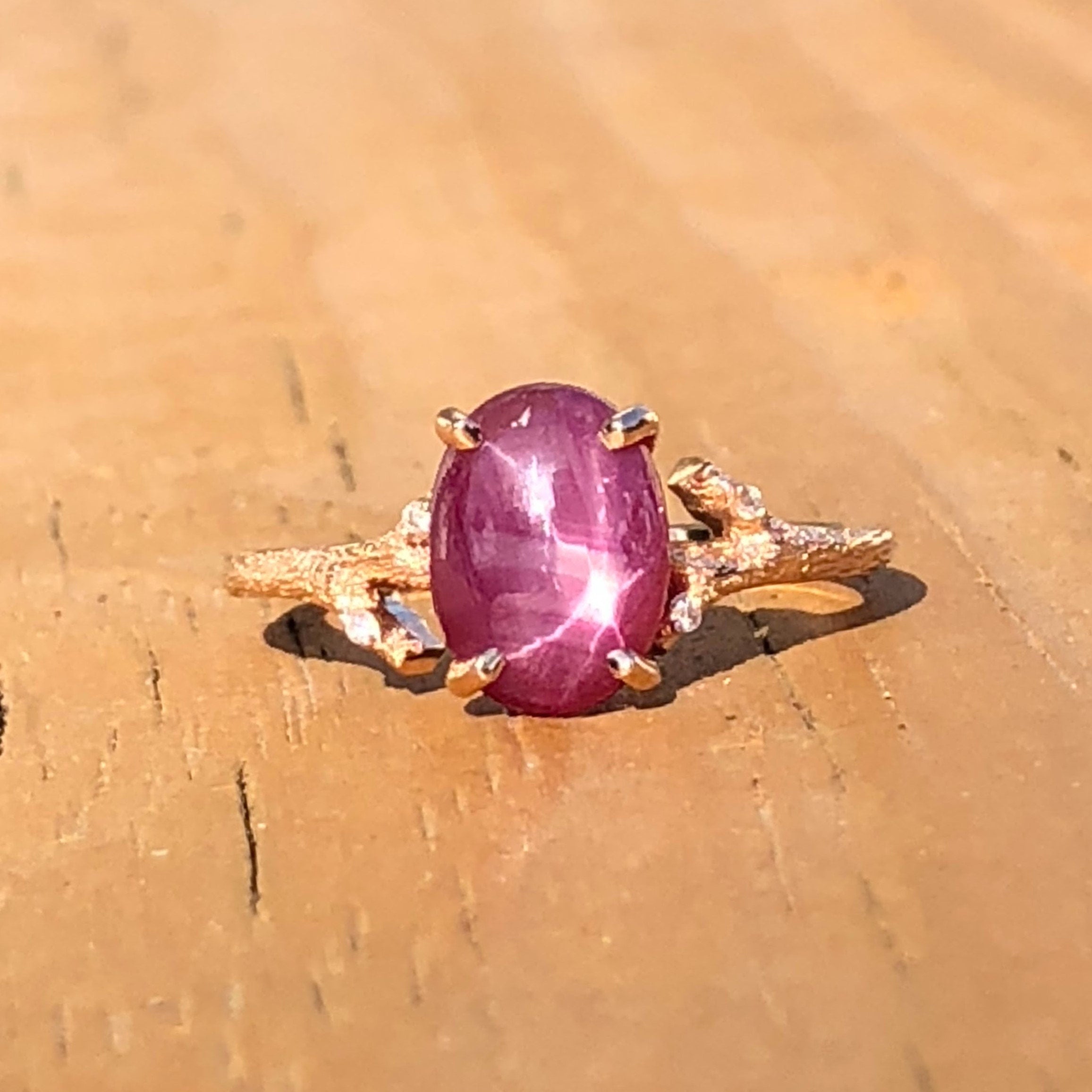 Lovely Pink Star Ruby Ring w All Natural Accent Diamonds in 14k Rose Gold | Branch Design Shank | Cabochon 11x8.5mm | Customizable