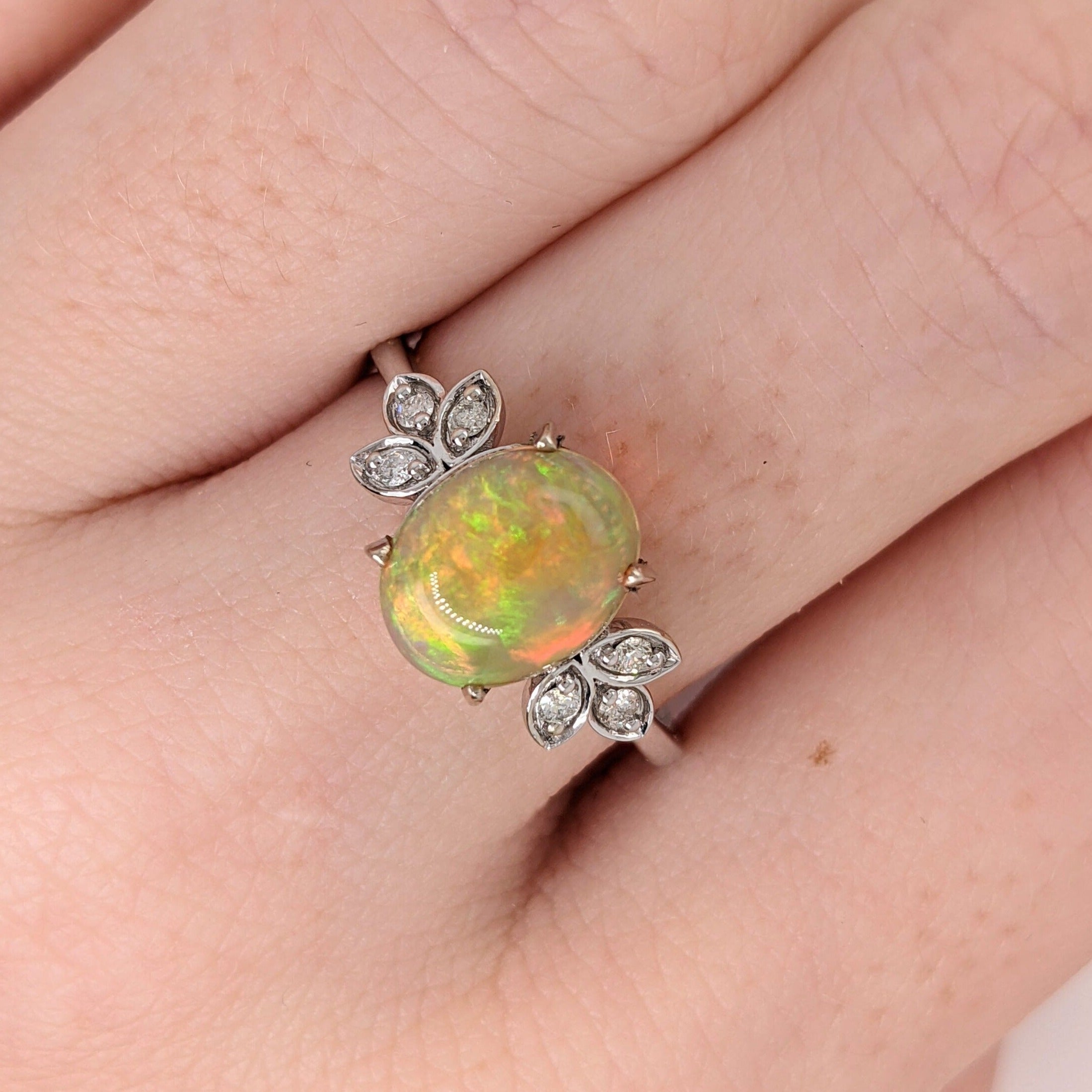Fiery Opal Ring with Petal Diamond Accents in Solid 14k White Gold | Oval 9x7mm | Gemstone Jewelry | October Birthstone