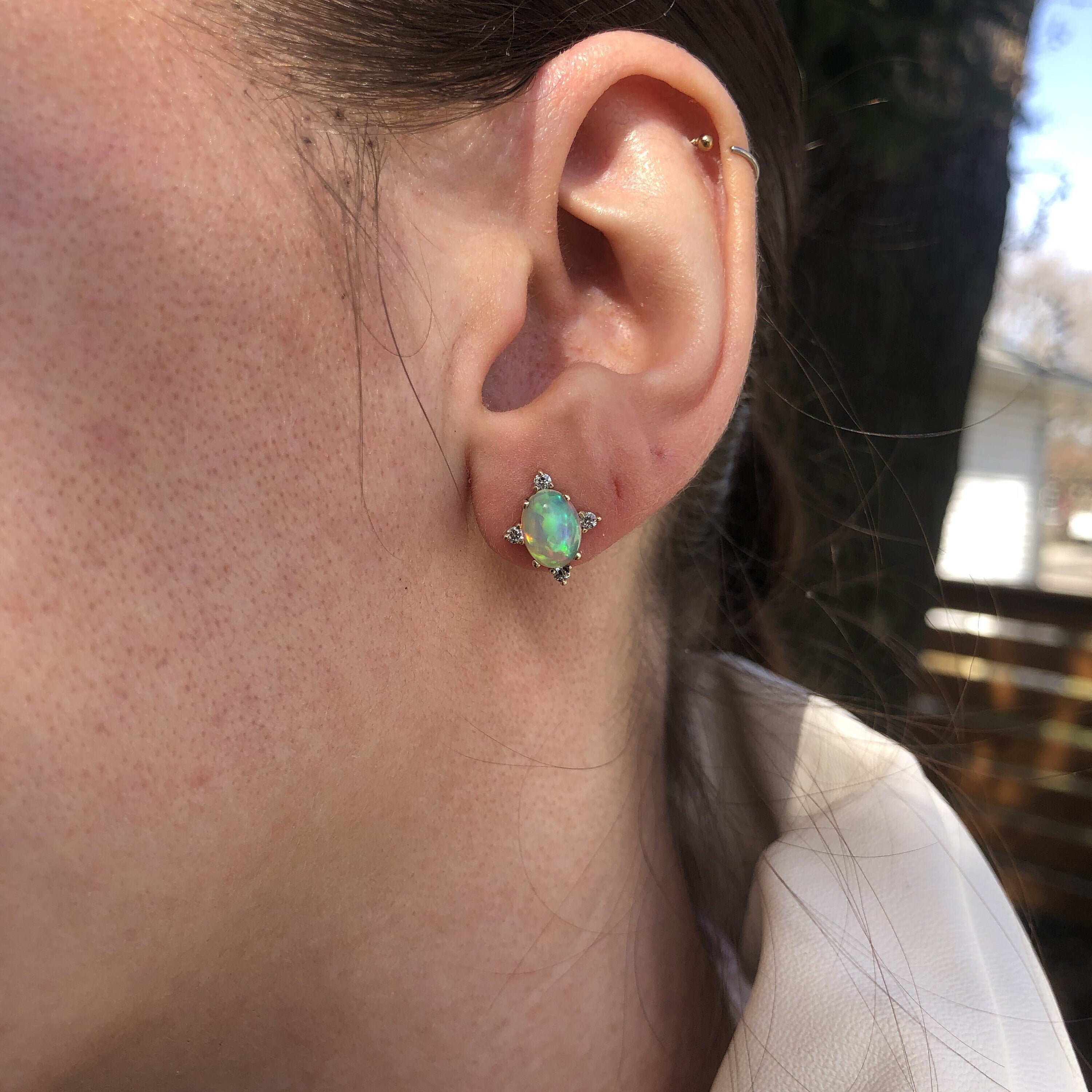 Natural Ethiopian Opal Stud Earrings in Solid 14k Gold w Natural Diamond Accents | Oval 8x6mm | Play of Color | October Birthstone