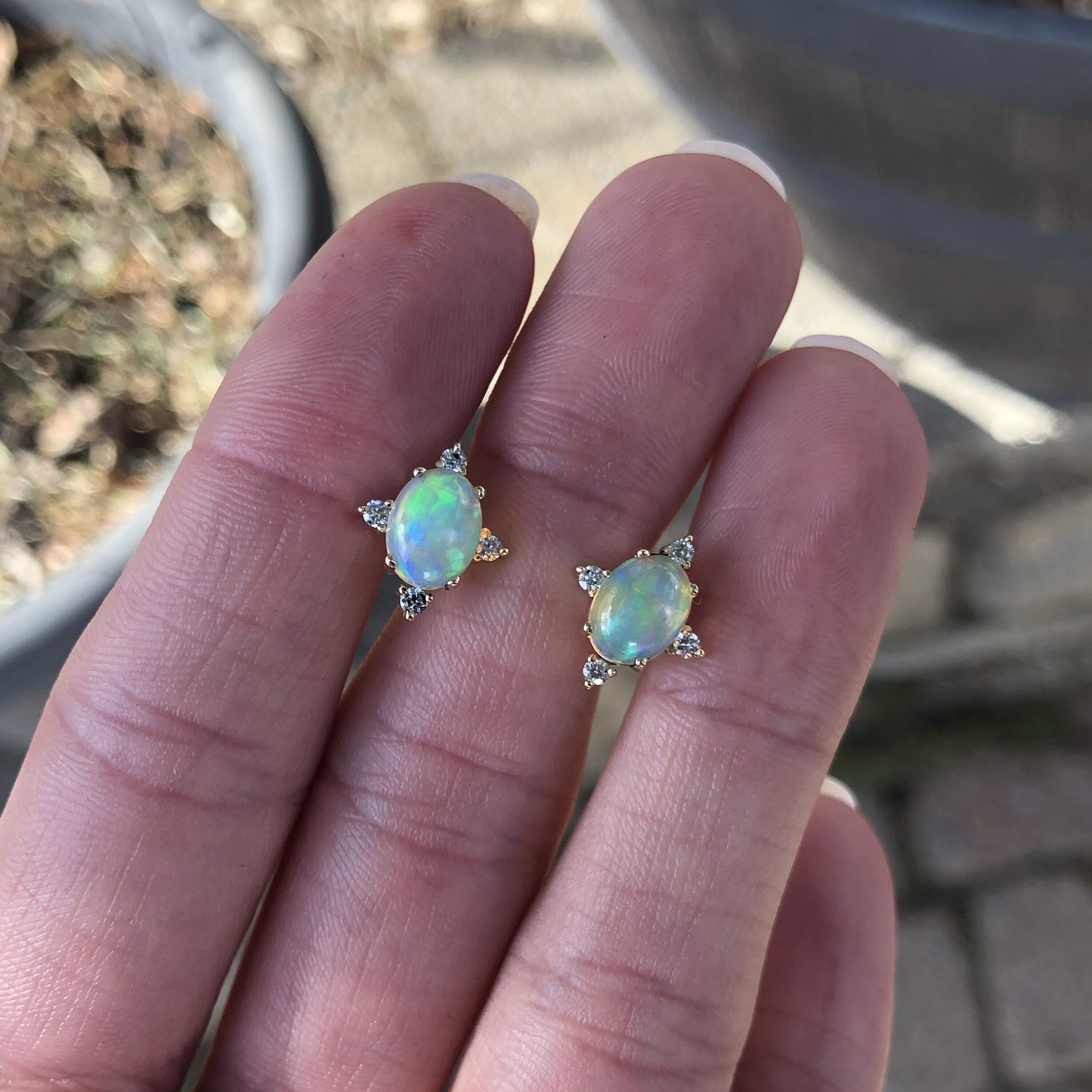 Natural Ethiopian Opal Stud Earrings in Solid 14k Gold w Natural Diamond Accents | Oval 8x6mm | Play of Color | October Birthstone