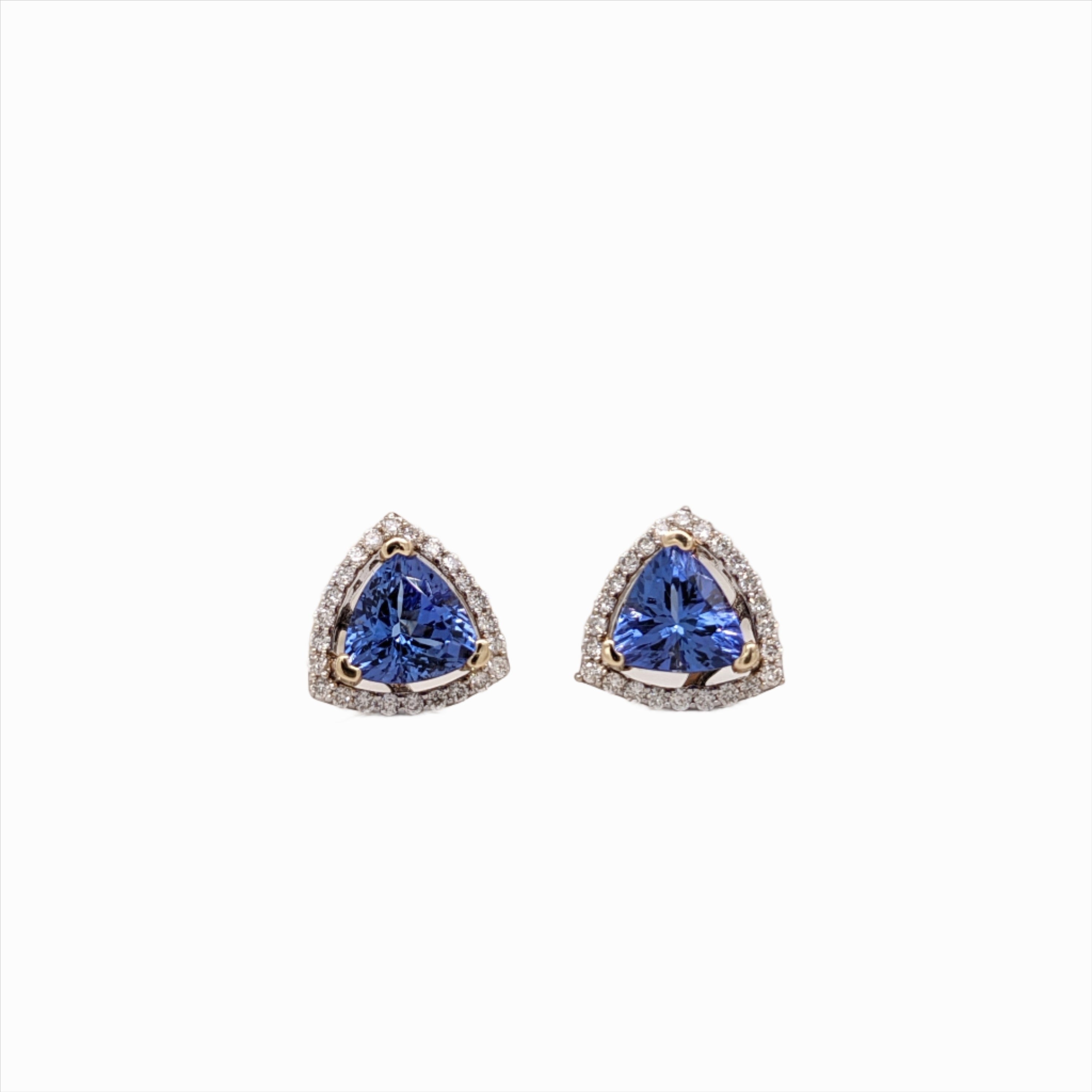 Gorgeous Genuine Tanzanite Earring in 14k Gold w Diamond Halo | Trillion | December Birthstone | Secure Push Backs | Blue Gemstone Studs