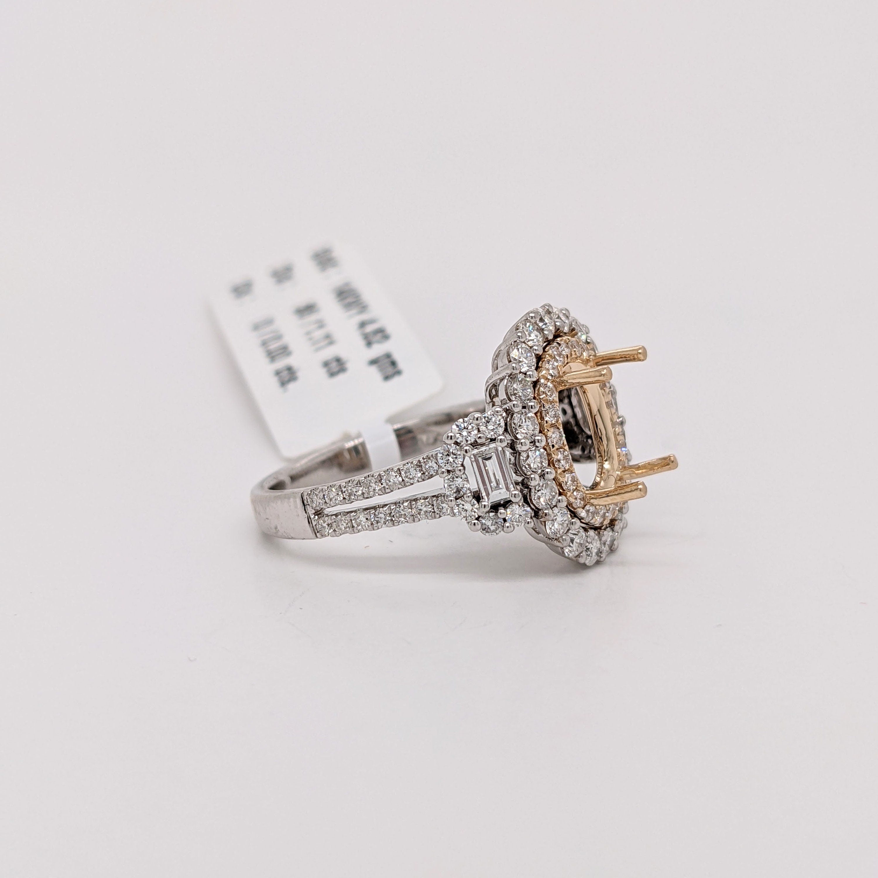 Two Tone Double Diamond Halo Ring Semi Mount in 14K Gold w Baguette Diamond Accent | Oval Cut | Pave Diamond Split Shank | 3 Stone
