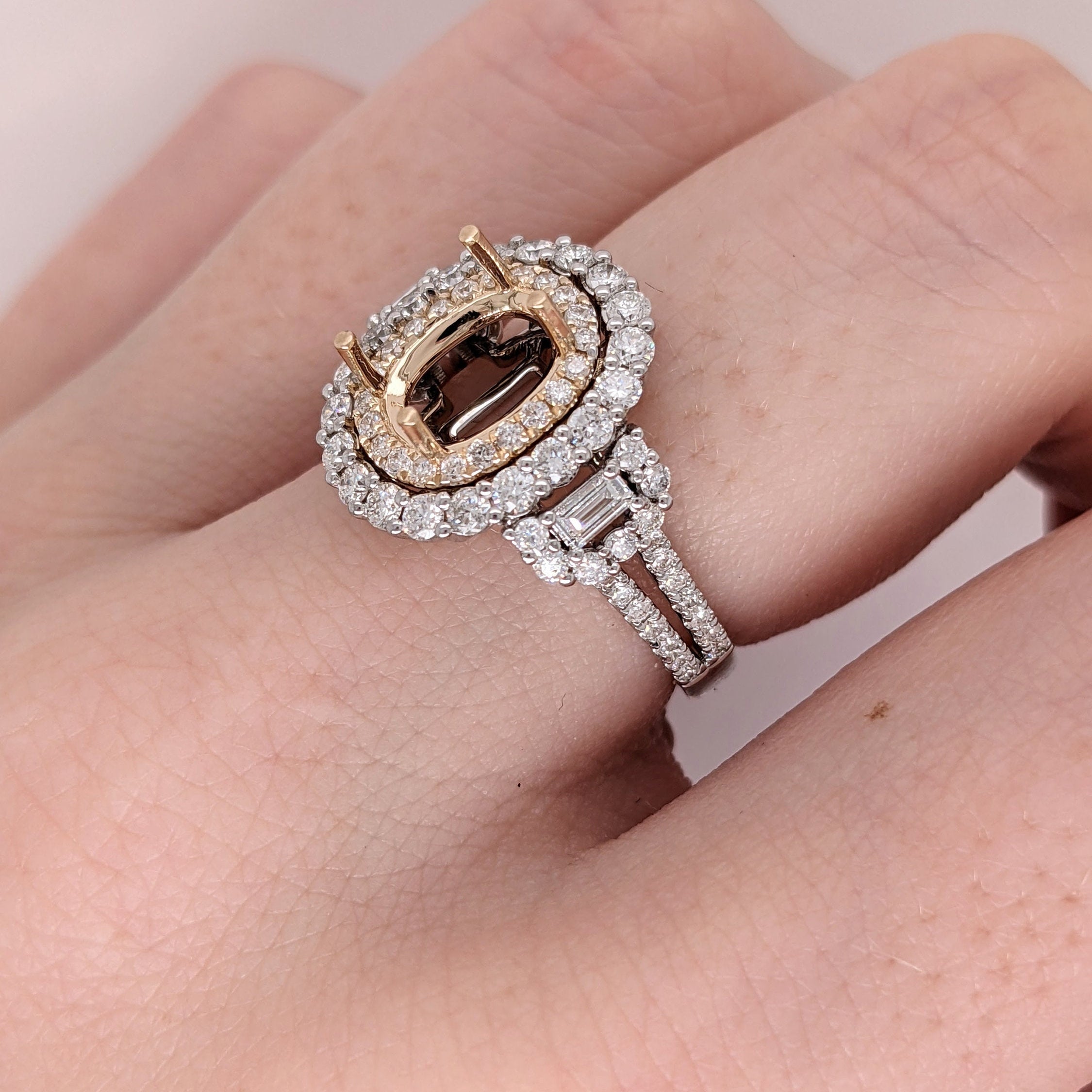 Two Tone Double Diamond Halo Ring Semi Mount in 14K Gold w Baguette Diamond Accent | Oval Cut | Pave Diamond Split Shank | 3 Stone