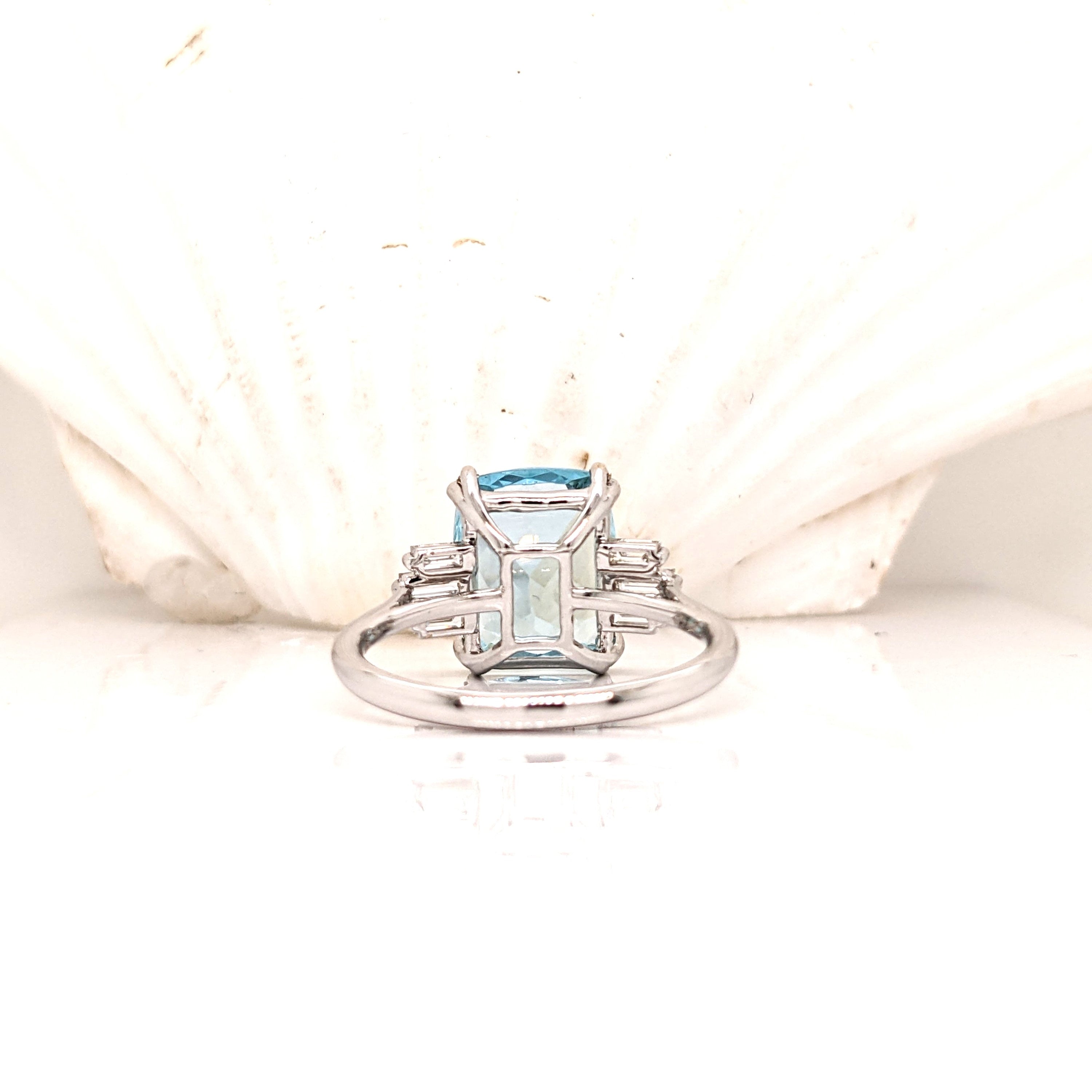 Aqua Blue Natural Aquamarine Ring in 14k Gold w Baguette Diamond Accents | Emerald Cut 10x8mm | Modern Style | March Birthstone | Statement