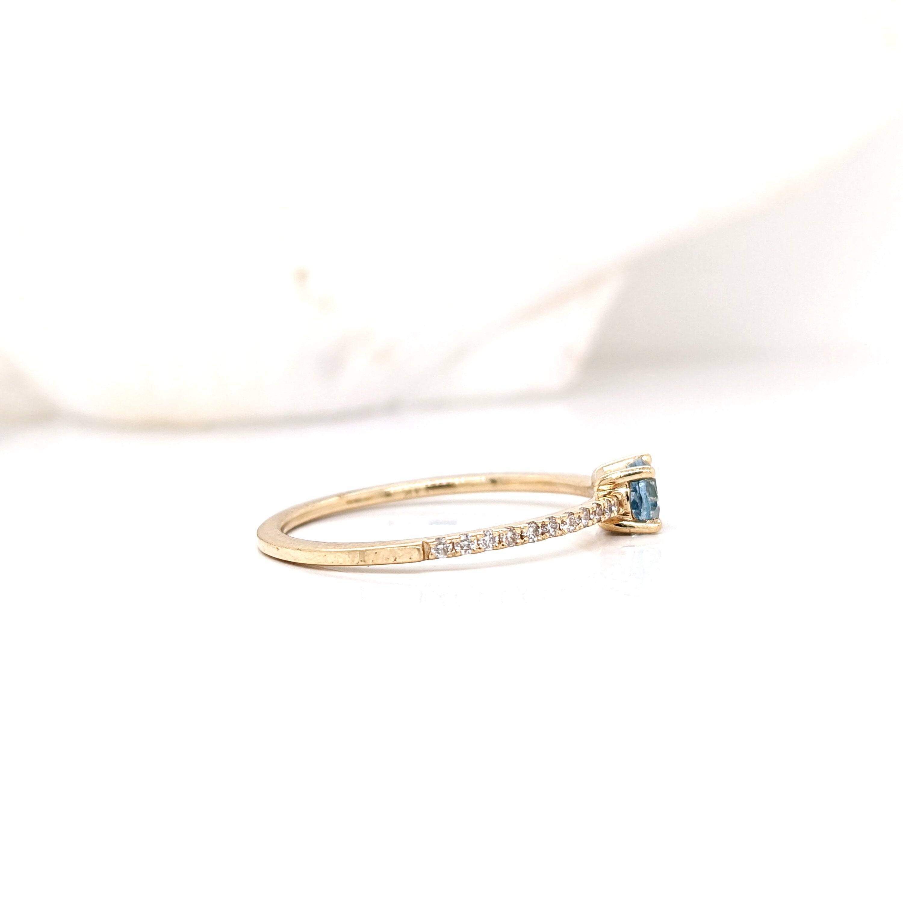 East West Minimalist Aqua Blue Natural Aquamarine Ring in 14k Gold w Natural Diamond Pave Shank | Oval 4x3mm | March Birthstone | Stackable