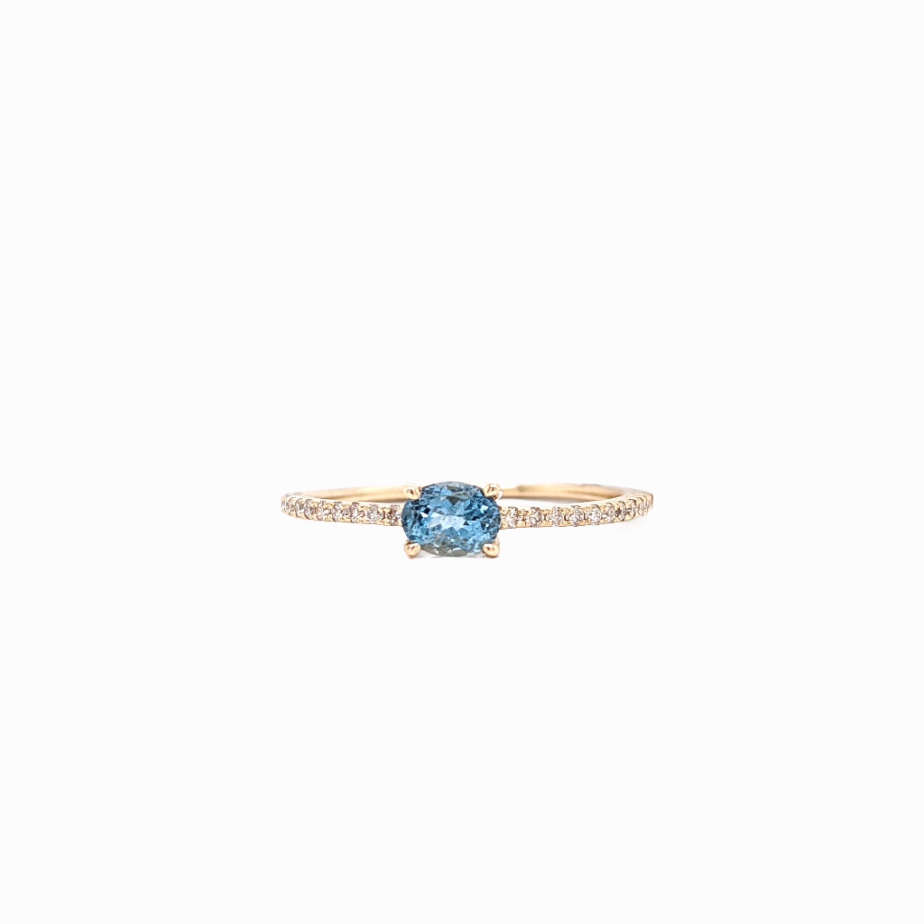 East West Minimalist Aqua Blue Natural Aquamarine Ring in 14k Gold w Natural Diamond Pave Shank | Oval 4x3mm | March Birthstone | Stackable