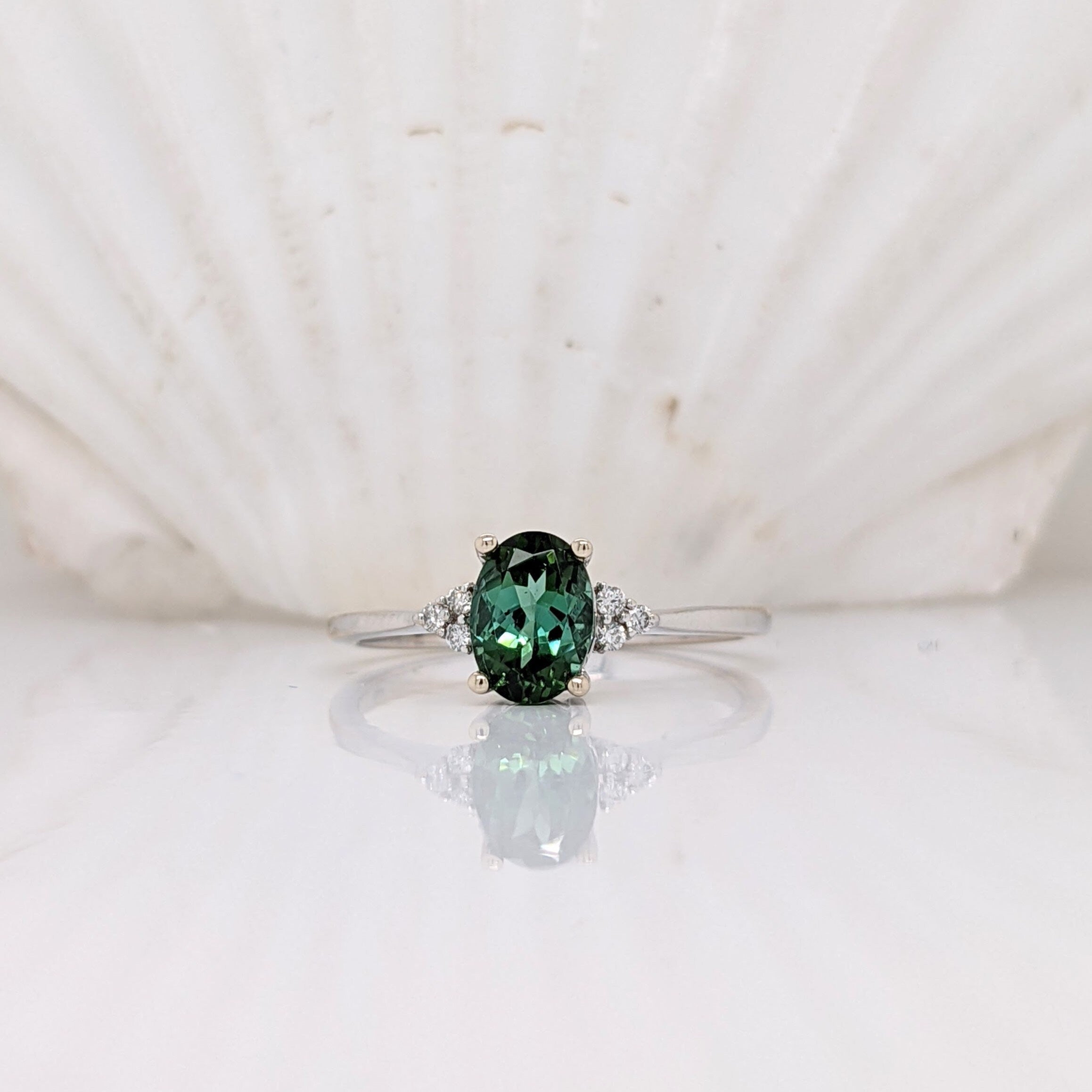 Green Tourmaline Ring w Round Diamond Accents in 14K Solid White Gold | Oval 7x5mm | Minimalist | Elegant | October Birthstone