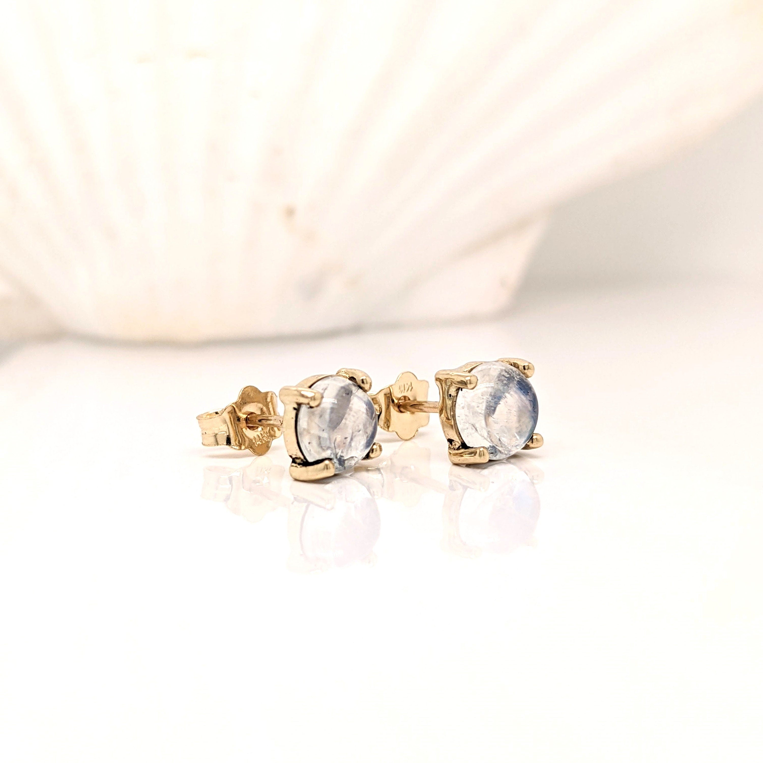 Glowing Rainbow Moonstone Stud Earrings in 14K Solid Gold | Round 5mm 6mm | 4 prong | Push Back | Wedding Birthday | Customizable