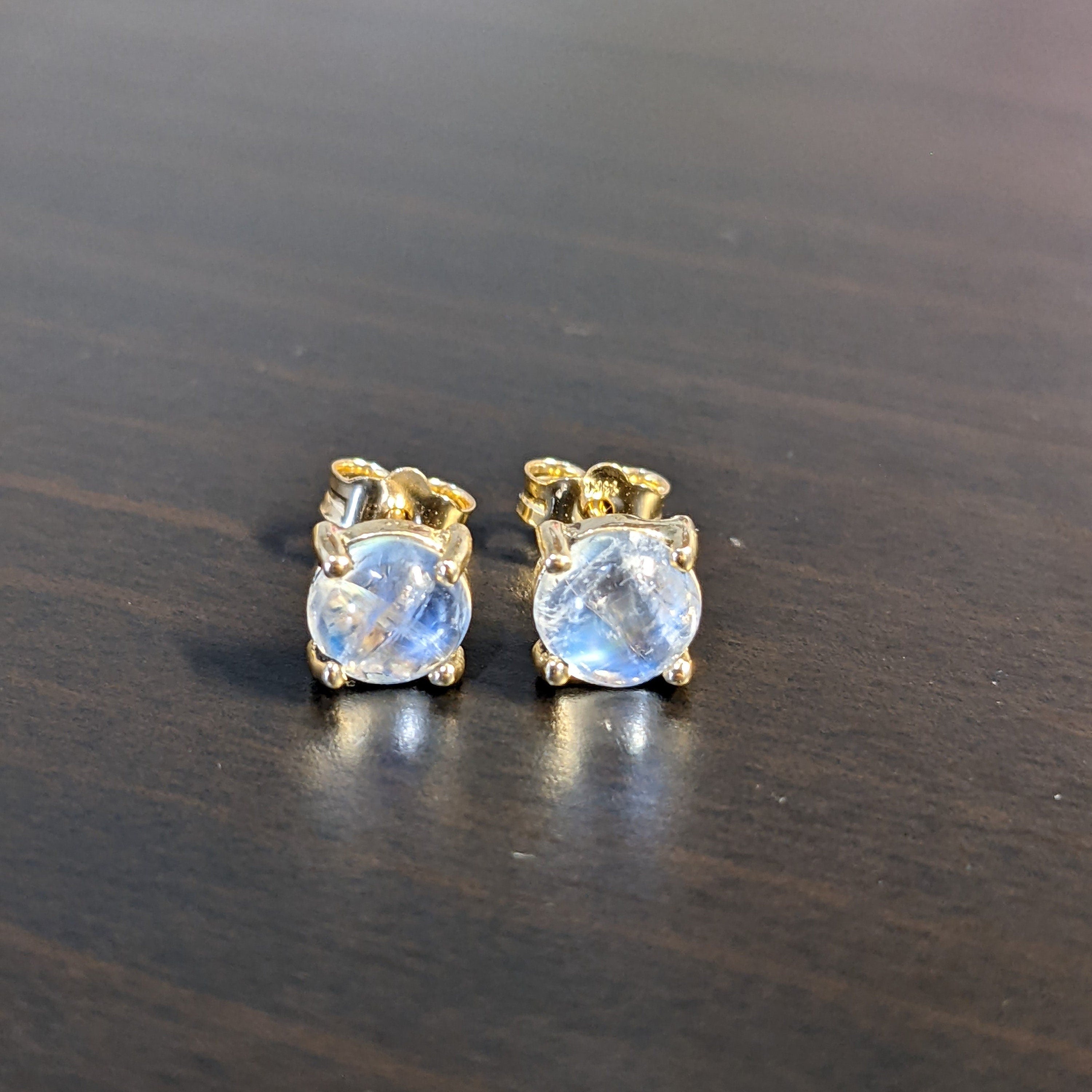Glowing Rainbow Moonstone Stud Earrings in 14K Solid Gold | Round 5mm 6mm | 4 prong | Push Back | Wedding Birthday | Customizable