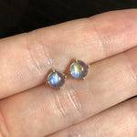 Glowing Rainbow Moonstone Stud Earrings in 14K Solid Gold | Round 5mm 6mm | 4 prong | Push Back | Wedding Birthday | Customizable