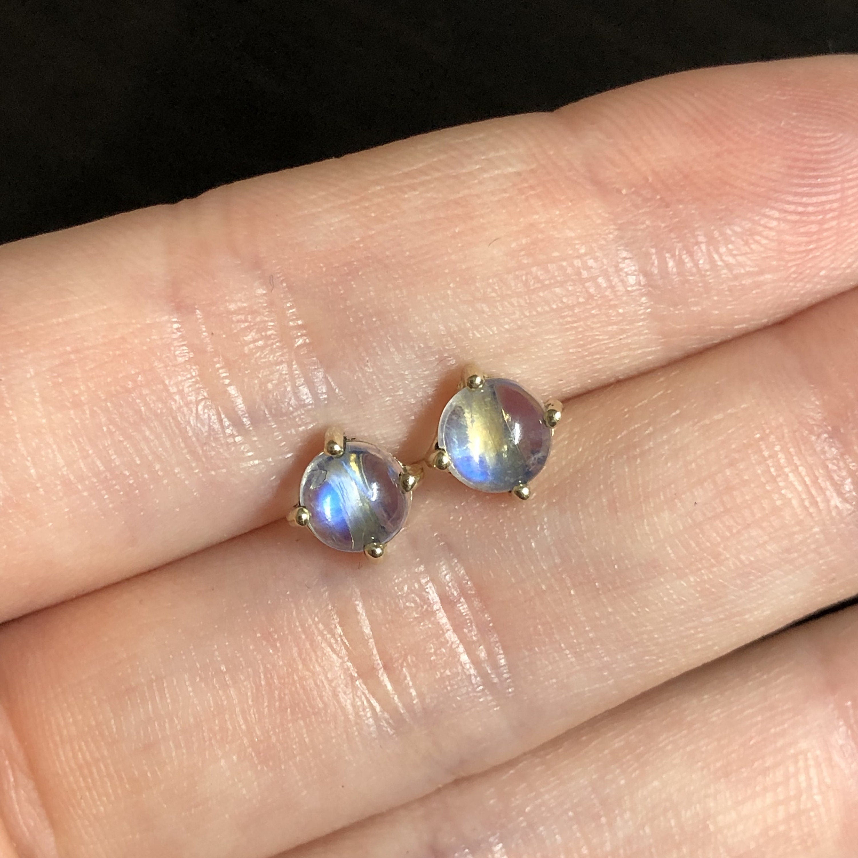 Glowing Rainbow Moonstone Stud Earrings in 14K Solid Gold | Round 5mm 6mm | 4 prong | Push Back | Wedding Birthday | Customizable