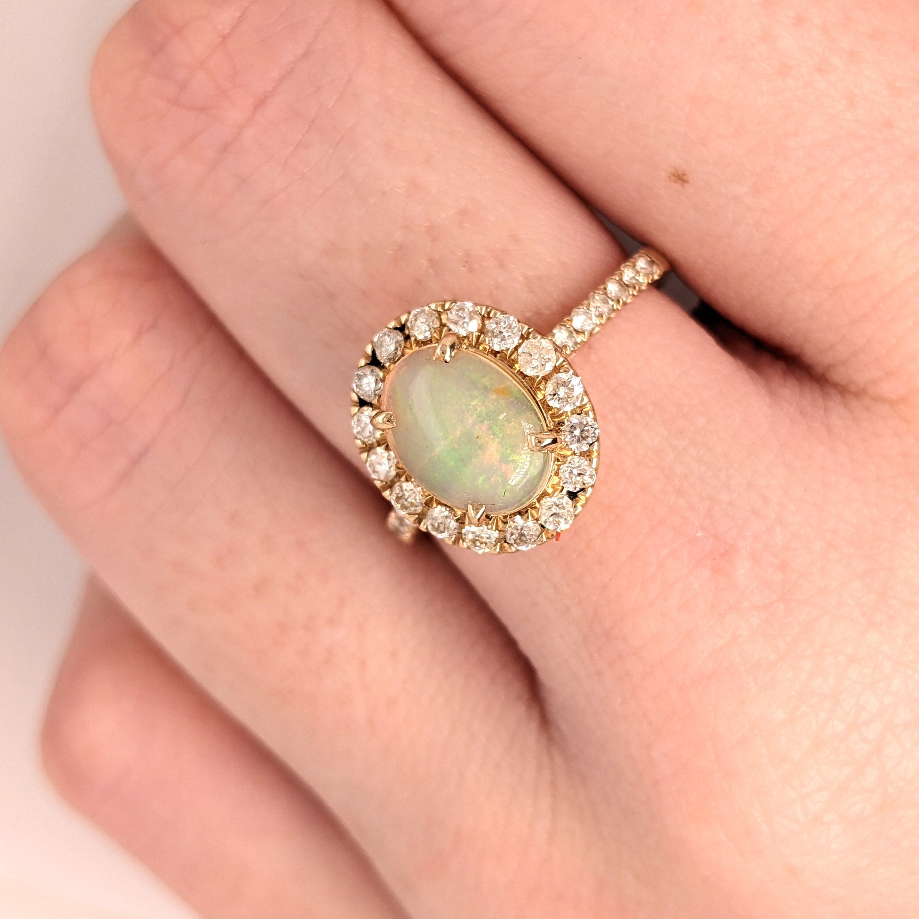 Beautiful Ethiopian Opal Ring with 14k Solid Yellow Gold and All Natural Diamond Halo | Oval 7x5 mm | Rainbow Gemstone | Unique Jewelry Gift