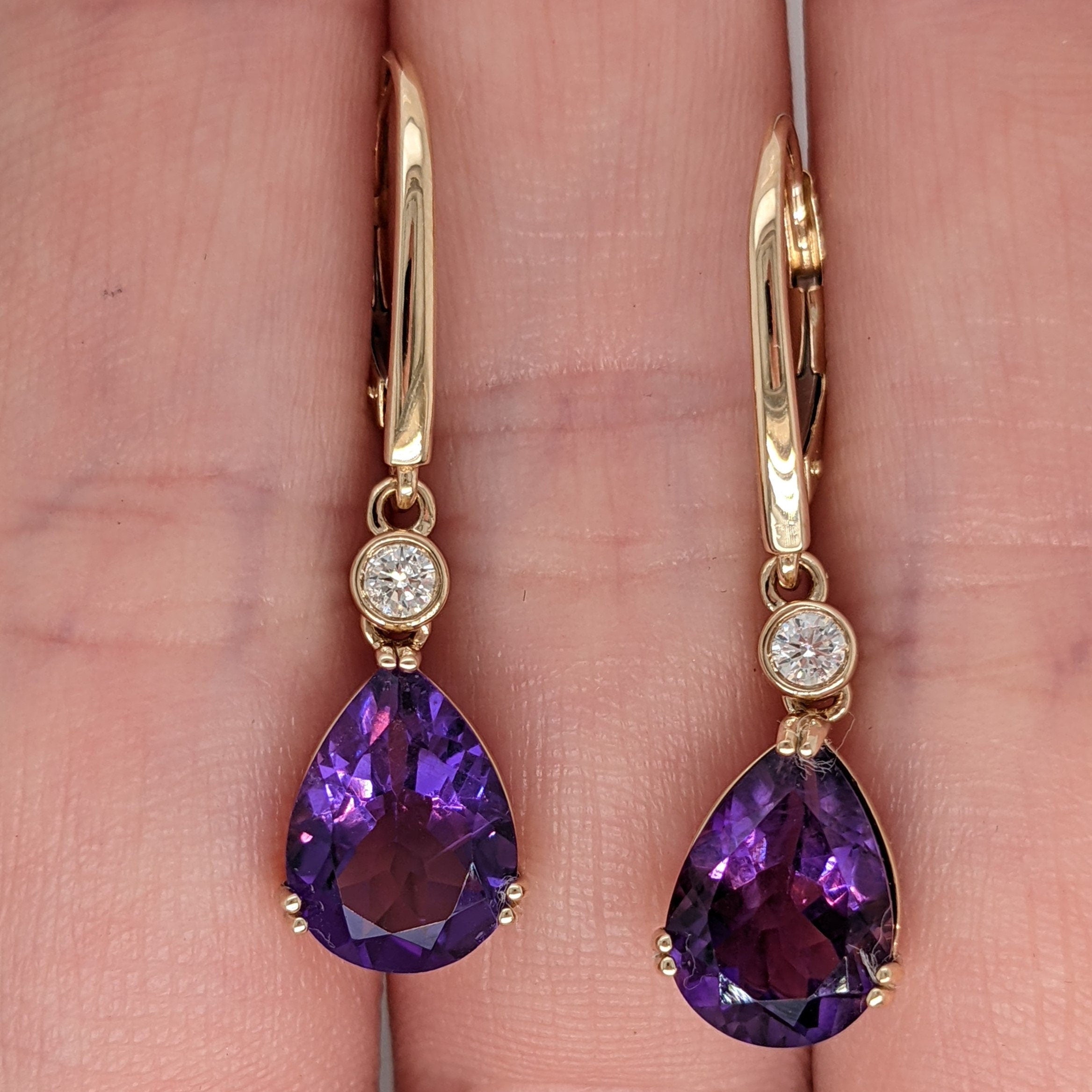 Dangly Amethyst Drops in 14k Solid Yellow Gold w Natural Diamond Accents | Pear Shape 11x8mm | February Birthstone | Daily Wear Earrings |