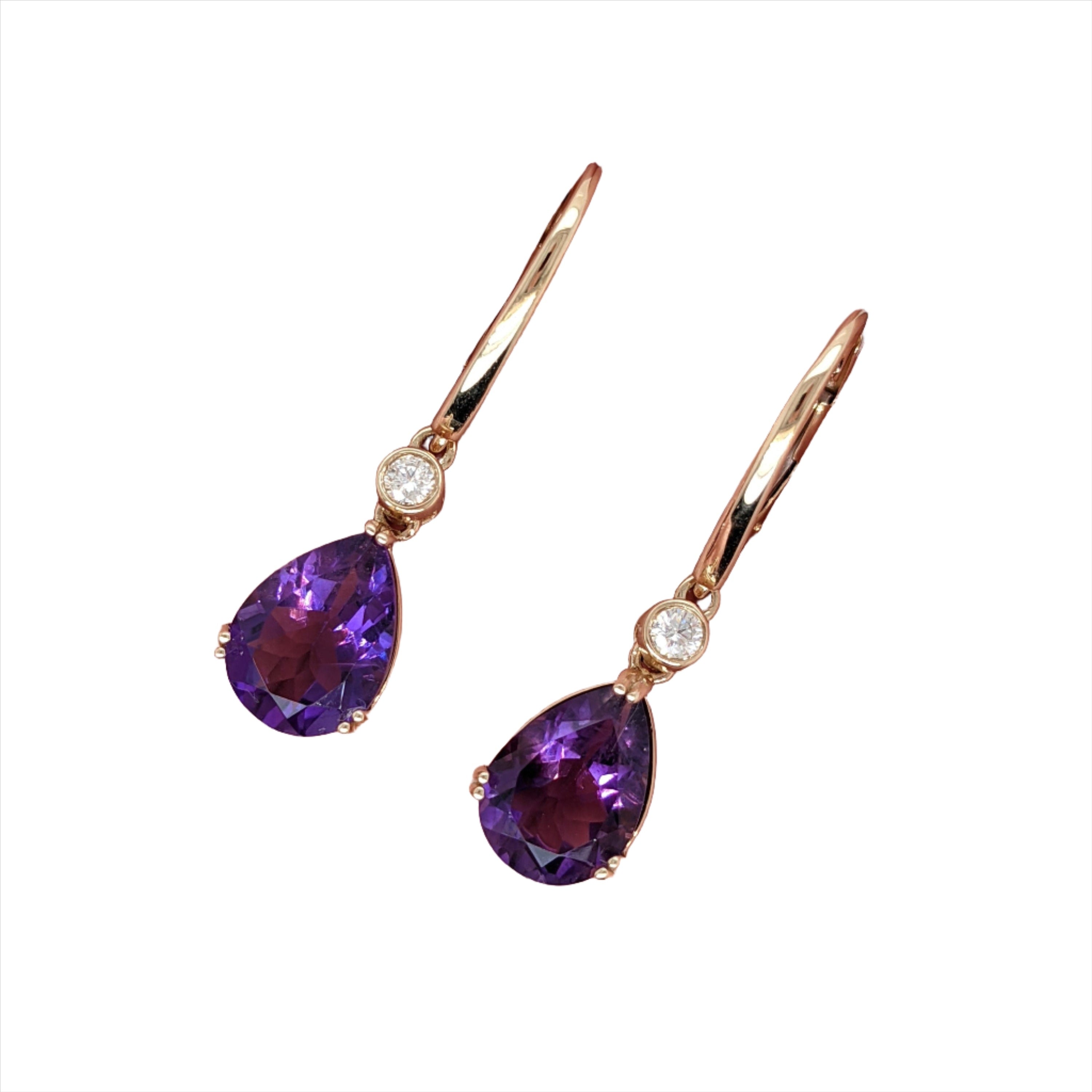 Dangly Amethyst Drops in 14k Solid Yellow Gold w Natural Diamond Accents | Pear Shape 11x8mm | February Birthstone | Daily Wear Earrings |