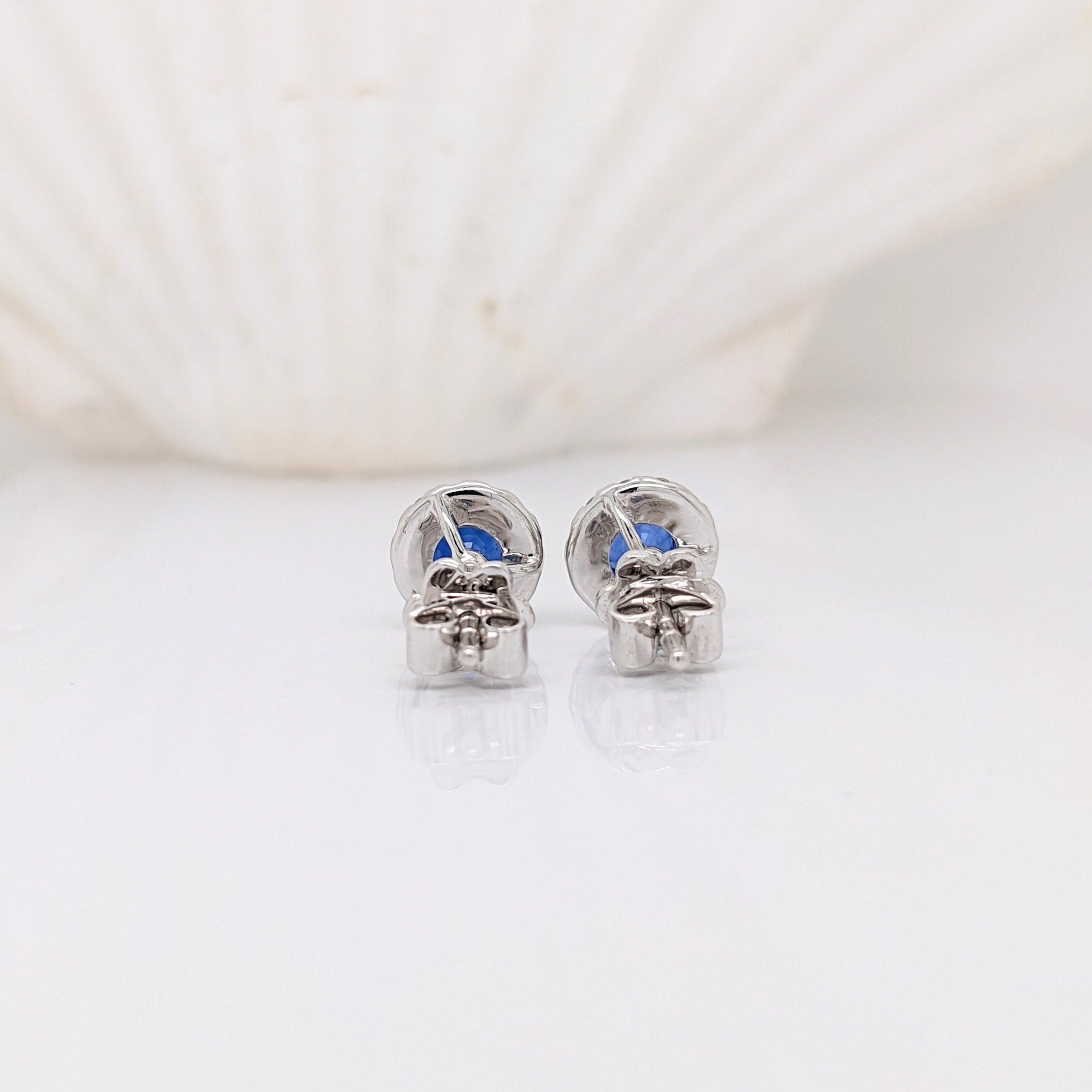 Blue Sapphire Stud Earrings w Natural Diamond Halo in Solid 14k White and Yellow Gold | Round 4mm | Pushback | September Birthstone