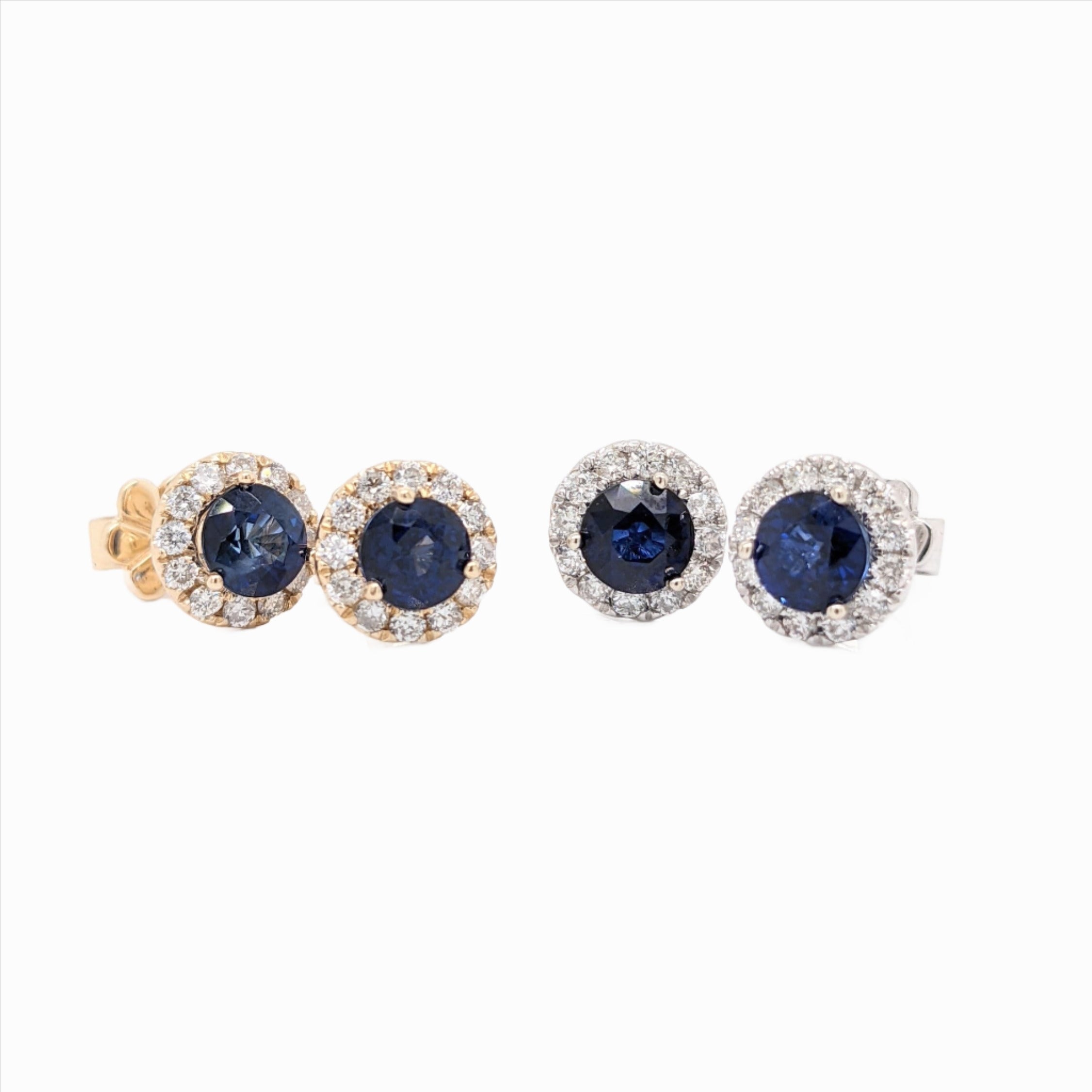 Blue Sapphire Stud Earrings w Natural Diamond Halo in Solid 14k White and Yellow Gold | Round 4mm | Pushback | September Birthstone