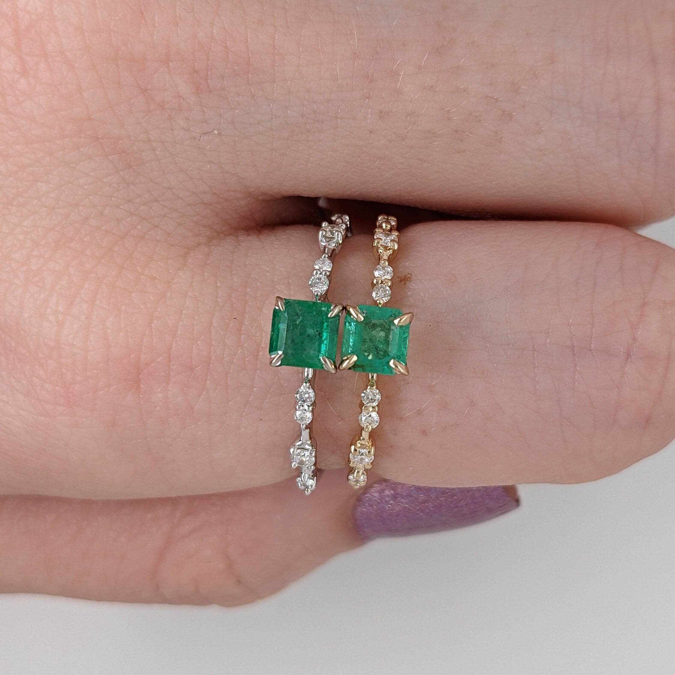 Fancy Green Emerald Ring in 14k Gold with Natural Diamond Accents | May Birthstone | Unique Shank Design | Dainty Ring