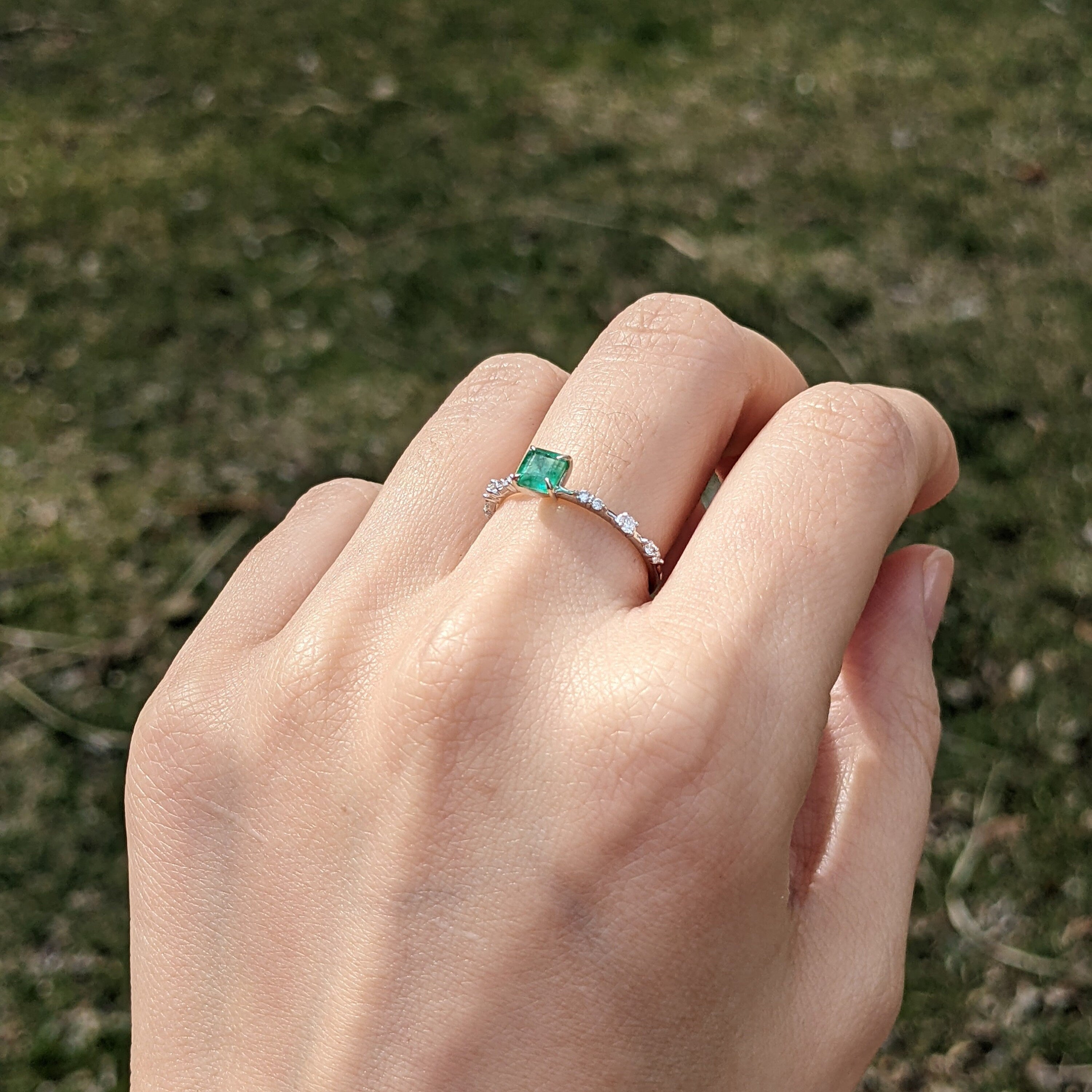 Fancy Green Emerald Ring in 14k Gold with Natural Diamond Accents | May Birthstone | Unique Shank Design | Dainty Ring