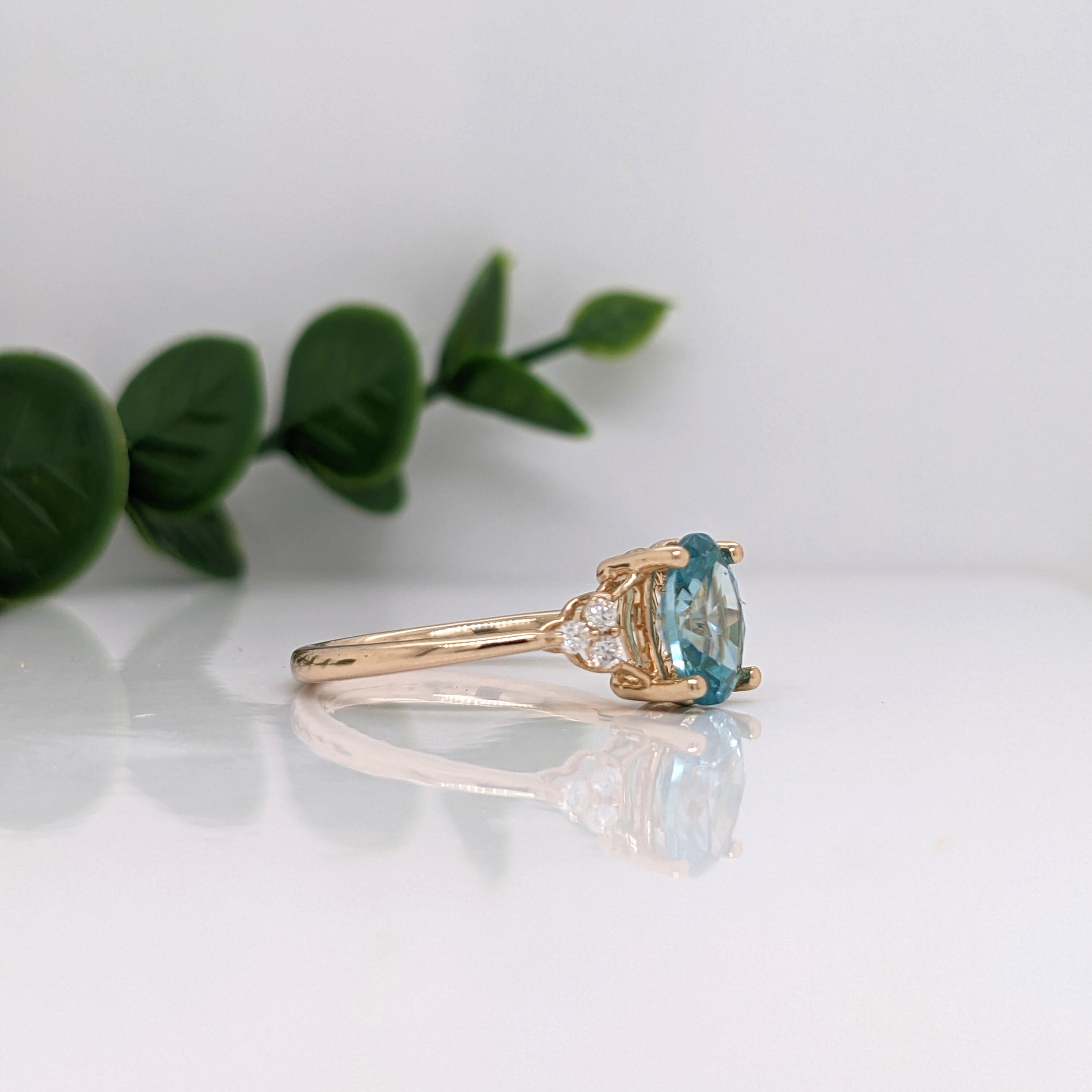 Dazzling Natural Blue Zircon Ring in 14K Gold w Natural Diamond Accent Halo | Oval 8x6mm | Split Shank | December Birthstone Ring