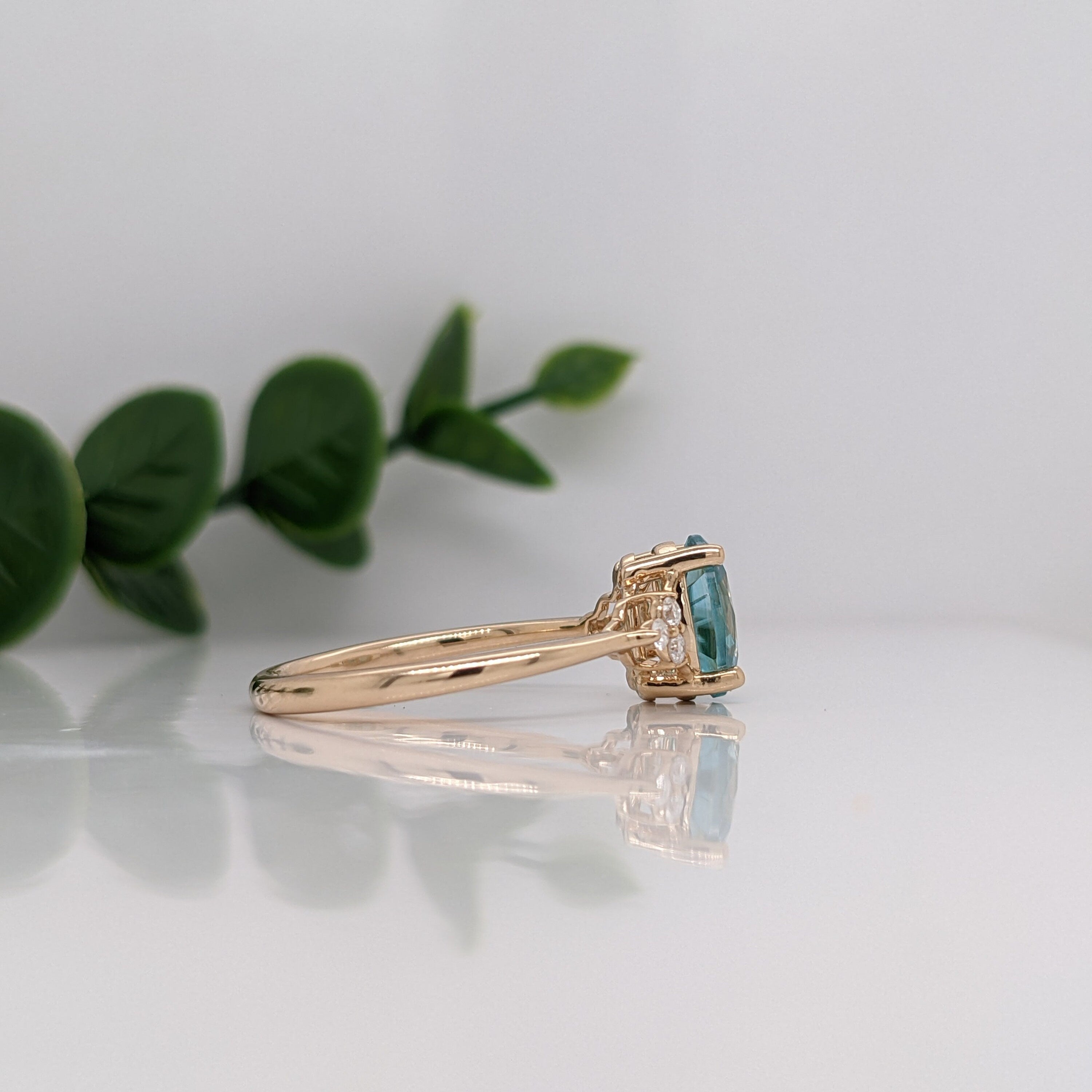 Dazzling Natural Blue Zircon Ring in 14K Gold w Natural Diamond Accent Halo | Oval 8x6mm | Split Shank | December Birthstone Ring