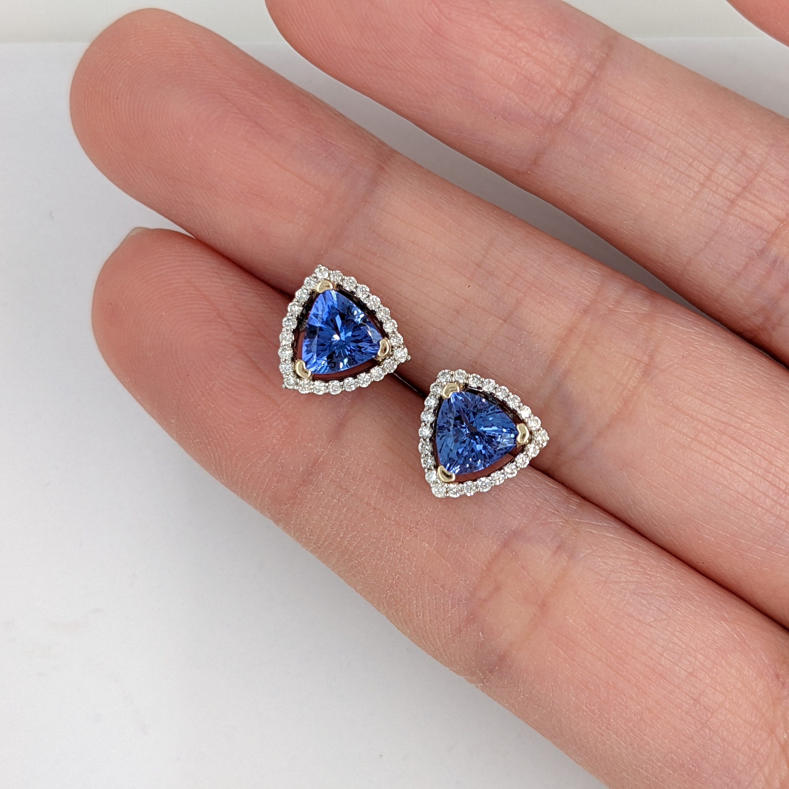 Gorgeous Genuine Tanzanite Earring in 14k Gold w Diamond Halo | Trillion | December Birthstone | Secure Push Backs | Blue Gemstone Studs