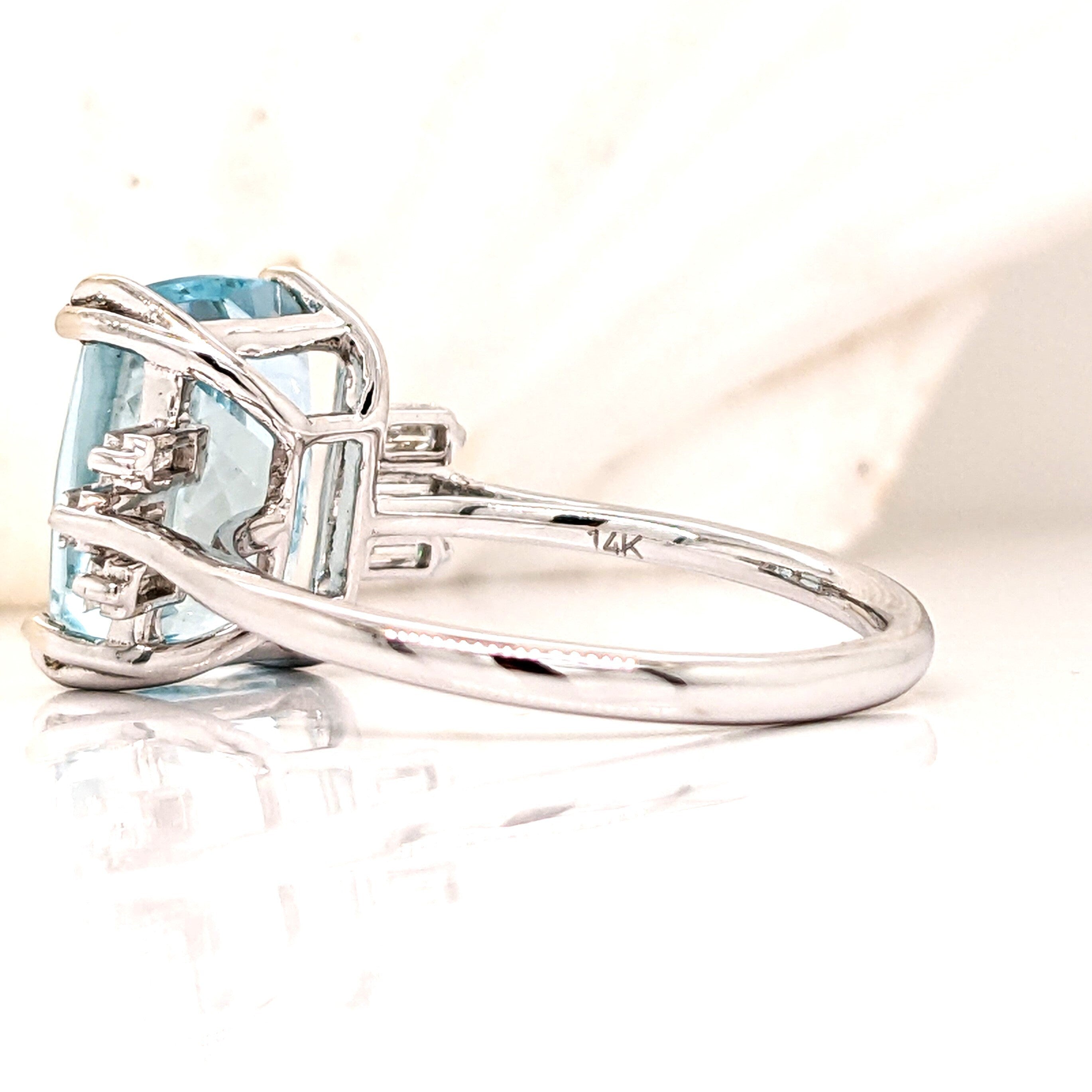 Aqua Blue Natural Aquamarine Ring in 14k Gold w Baguette Diamond Accents | Emerald Cut 10x8mm | Modern Style | March Birthstone | Statement