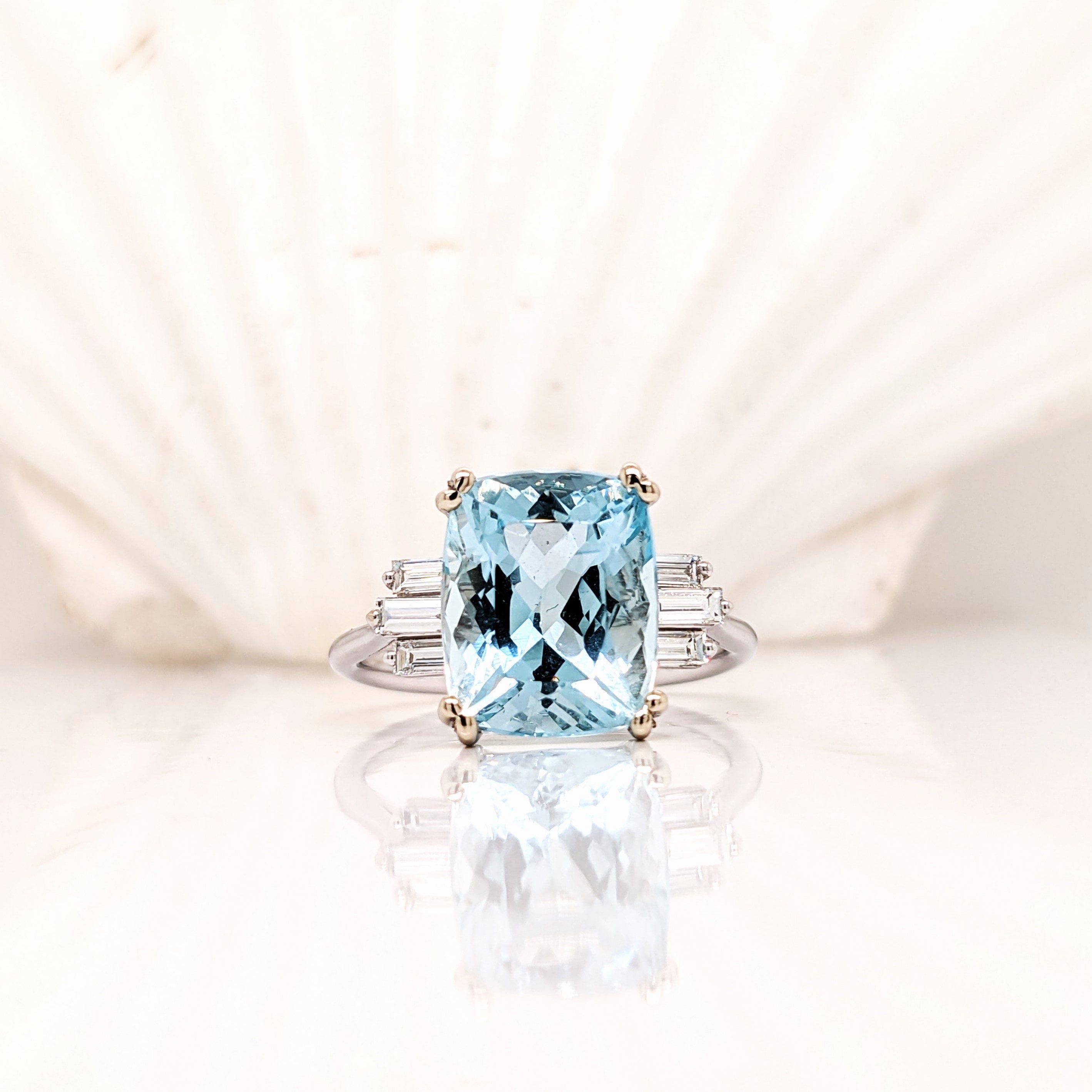 Aqua Blue Natural Aquamarine Ring in 14k Gold w Baguette Diamond Accents | Emerald Cut 10x8mm | Modern Style | March Birthstone | Statement