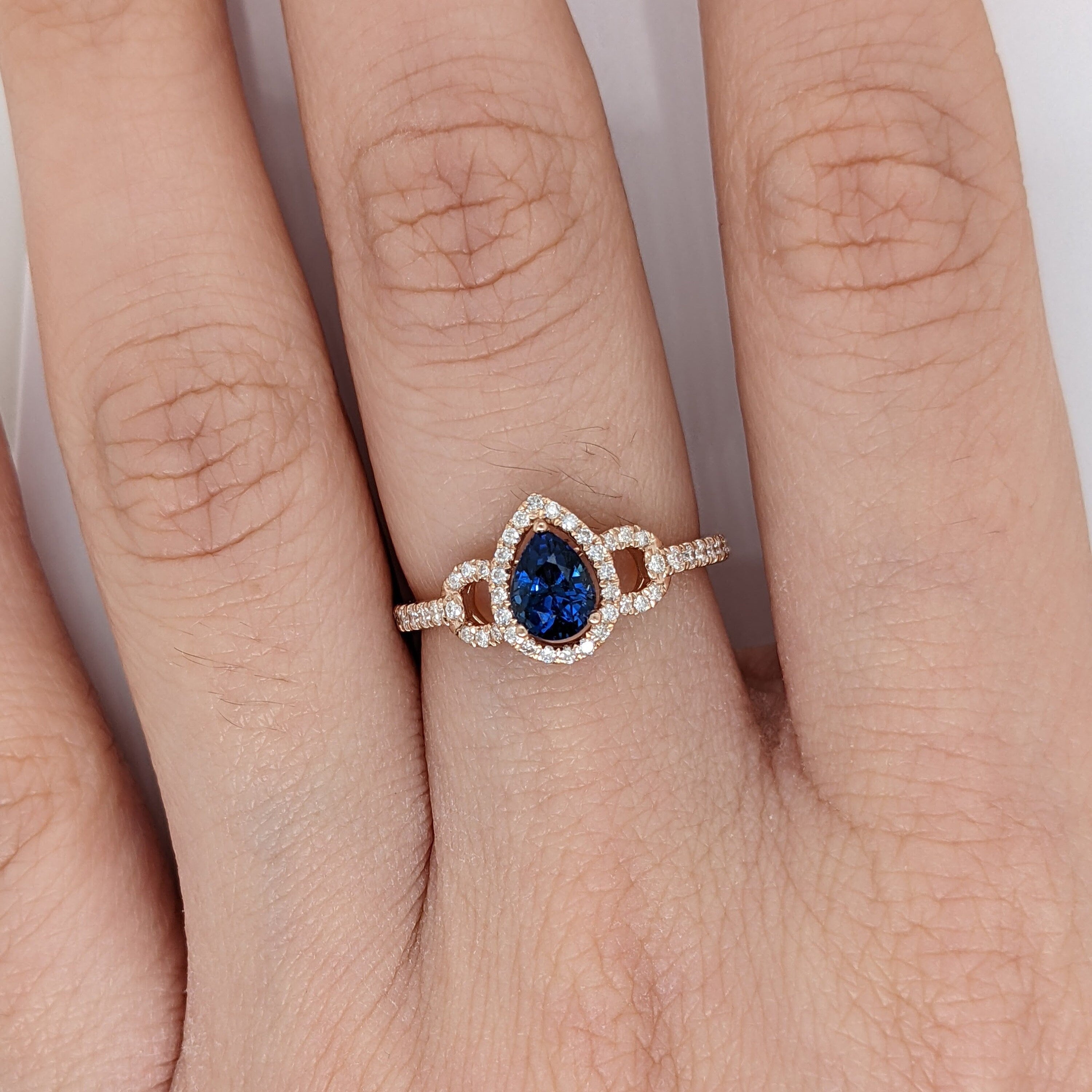 Vivid Blue Ceylon Sapphire w Diamond Halo in Solid 14k Rose Gold | Pear 6x4mm | Unique Split Shank | Pave | Anniversary Wedding Engagement