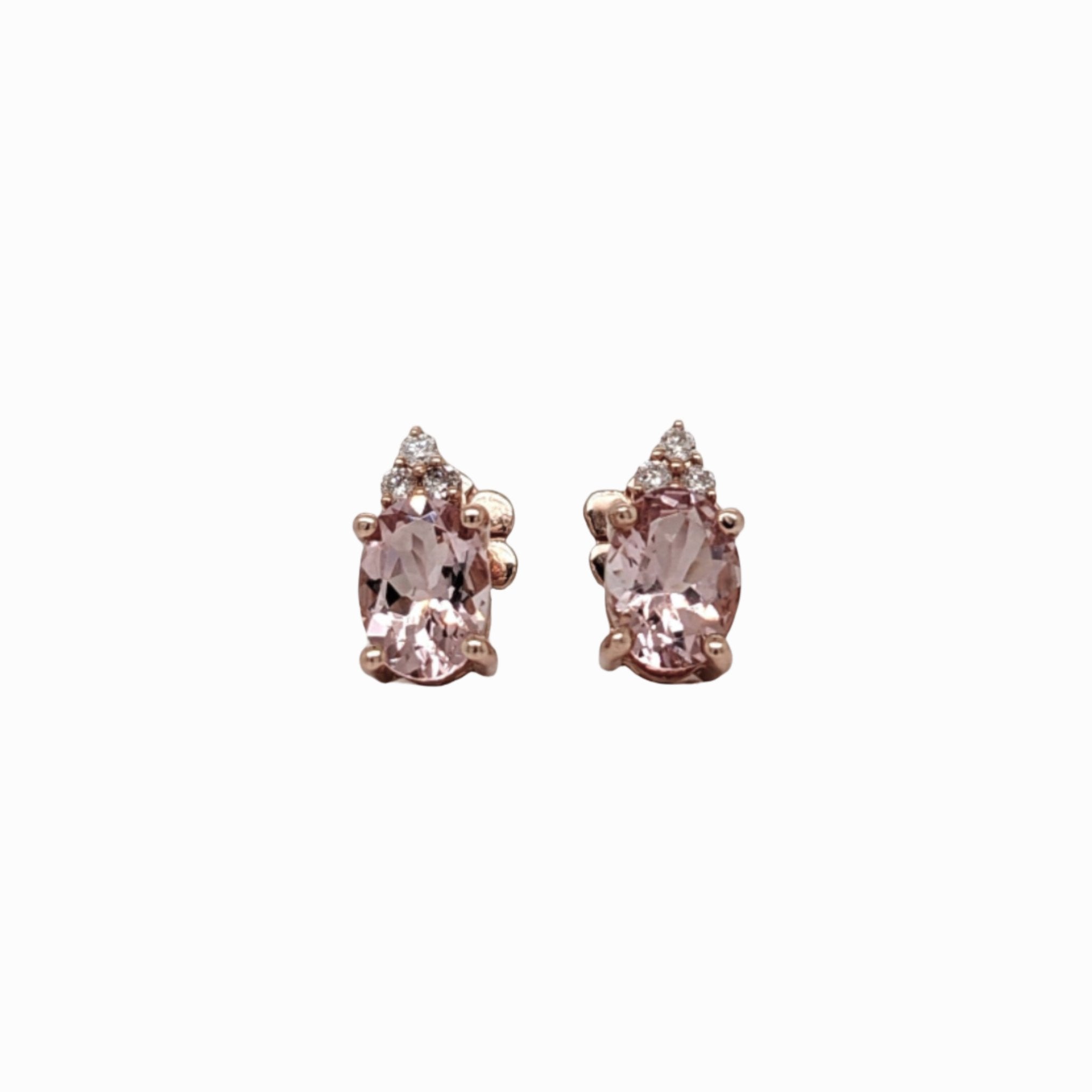 Stud Earrings-Pink Morganite and Diamond Earring Studs in Solid 14K Rose Gold | Oval 7x5mm | Pink Gemstone Studs | Daily Wear | Cor de Rosa |Ready to Ship - NNJGemstones