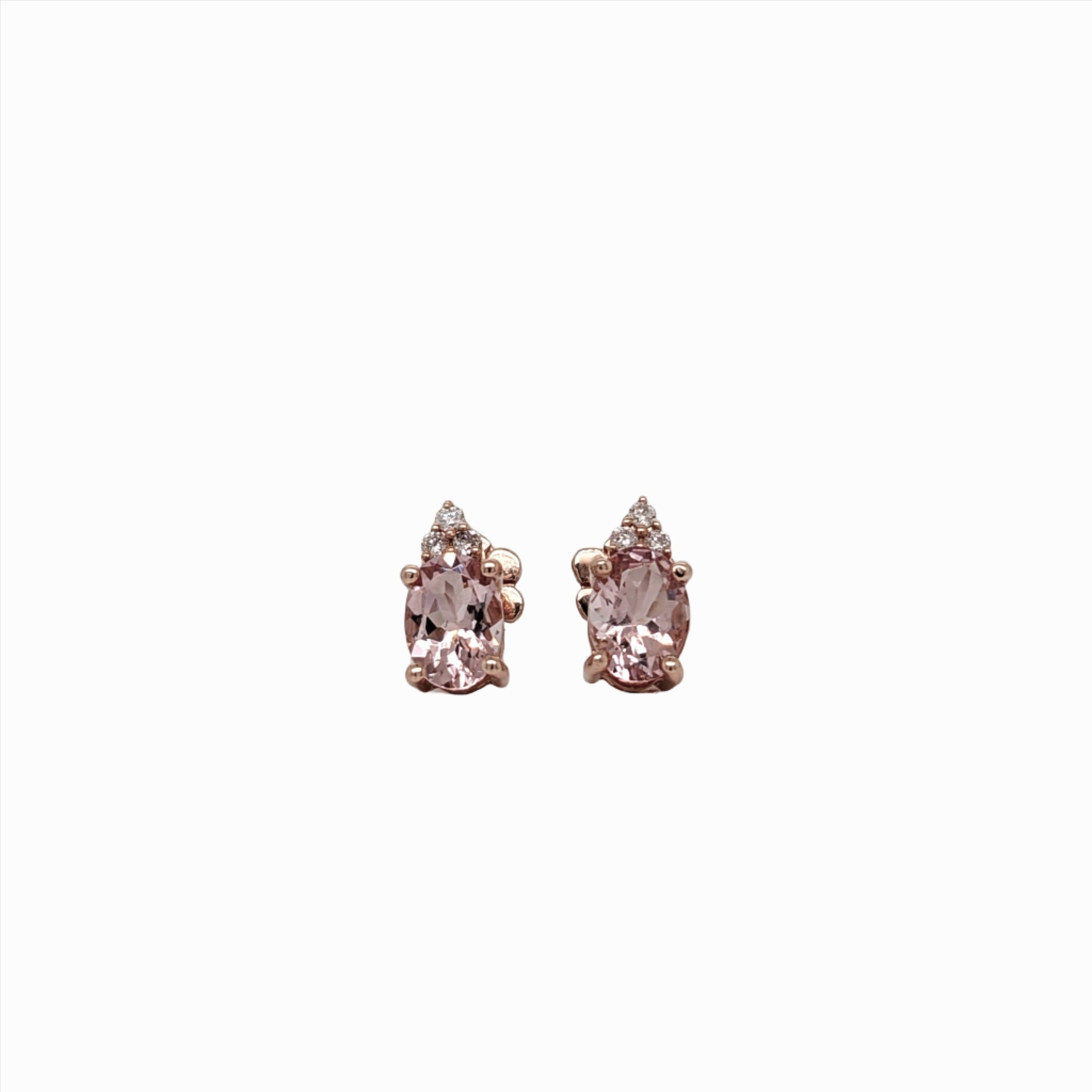 Stud Earrings-Pink Morganite and Diamond Earring Studs in Solid 14K Rose Gold | Oval 7x5mm | Pink Gemstone Studs | Daily Wear | Cor de Rosa |Ready to Ship - NNJGemstones
