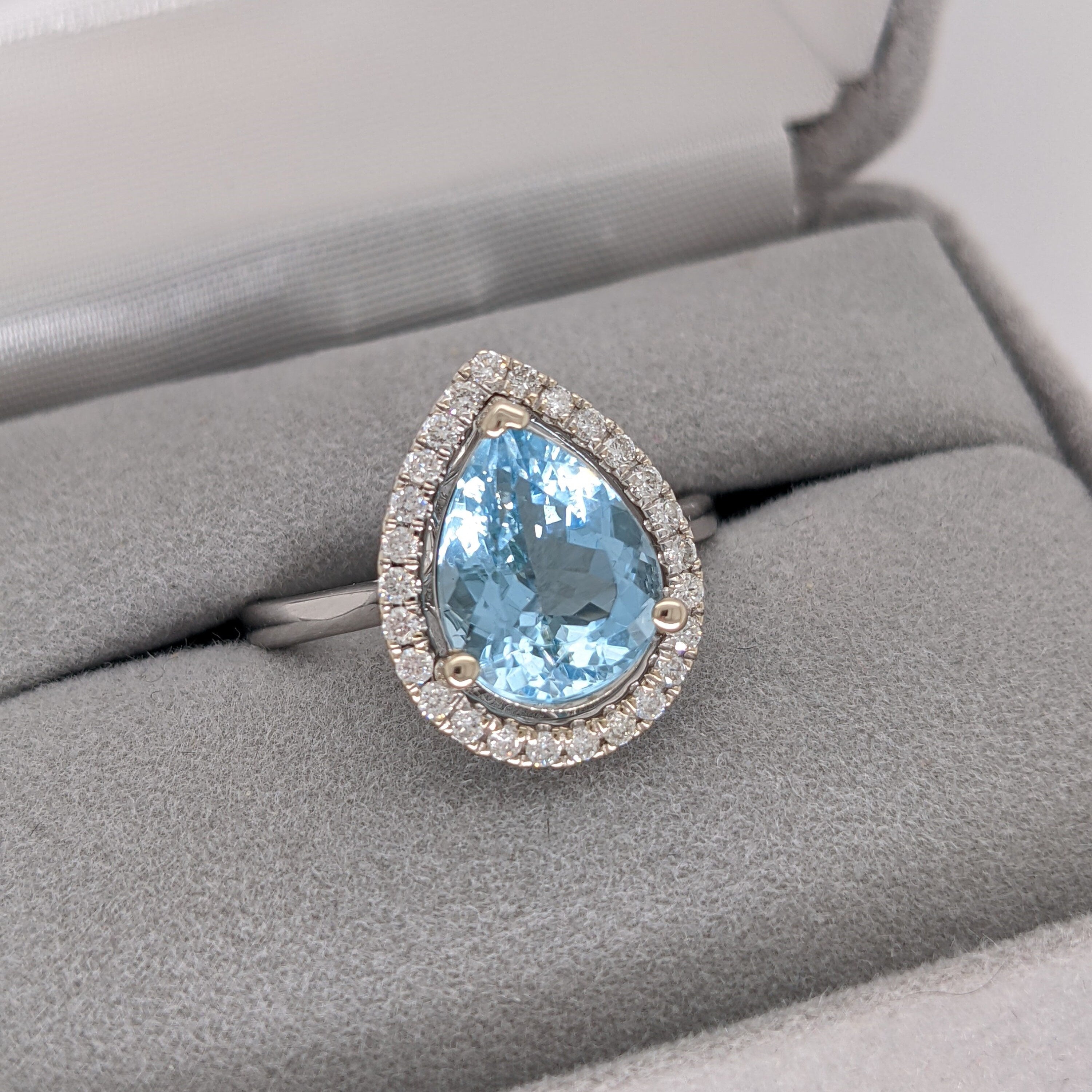 Stunning Aquamarine Ring in Solid 14K White Gold with a Halo of Natural Diamonds | Pear 11x8mm | Natural | Gemstone Jewelry | March Birthday