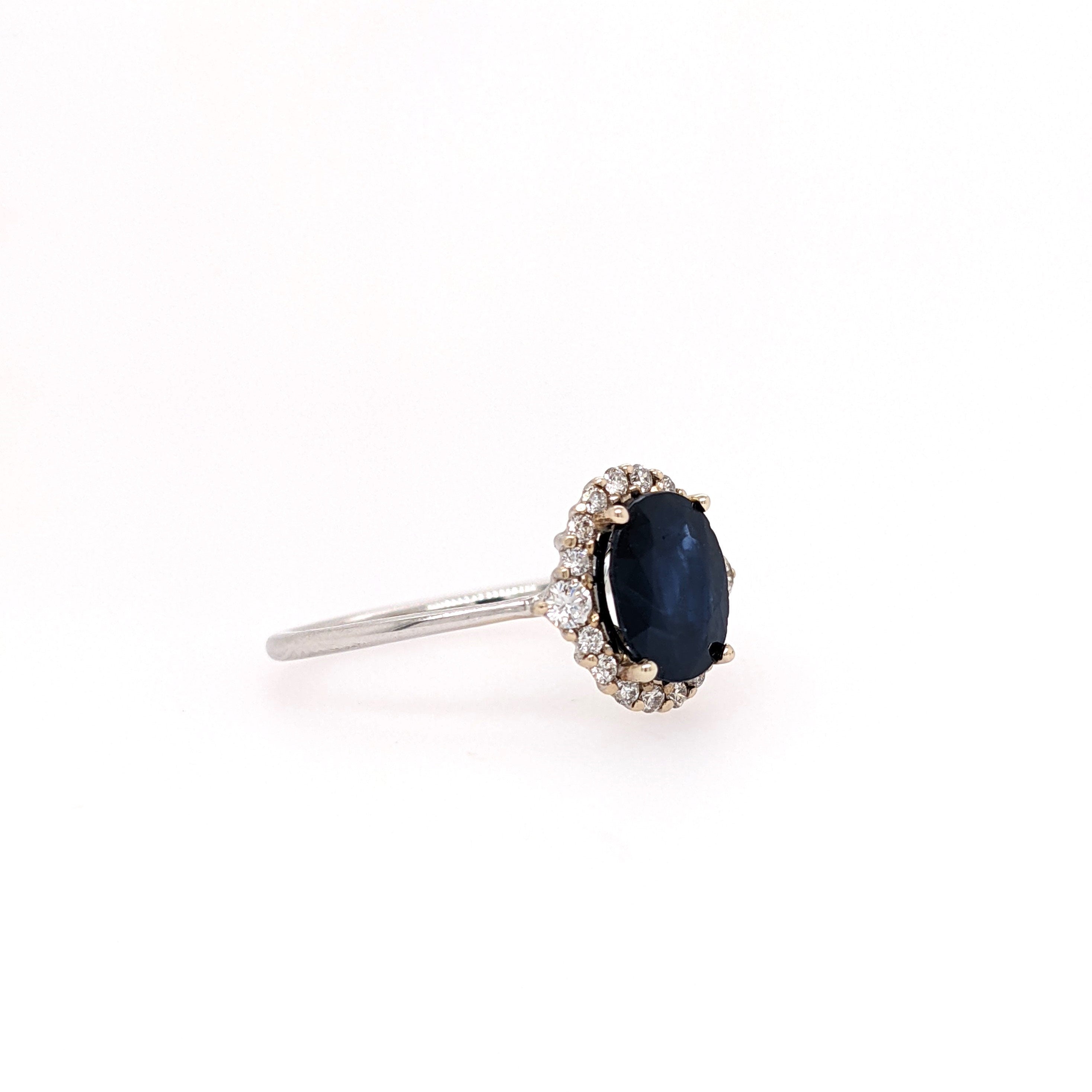 Oval Sapphire Ring w a Natural Diamond Halo in Solid 14k White Gold | Blue Gemstone | Oval Cut | Customizable | September Birthstone