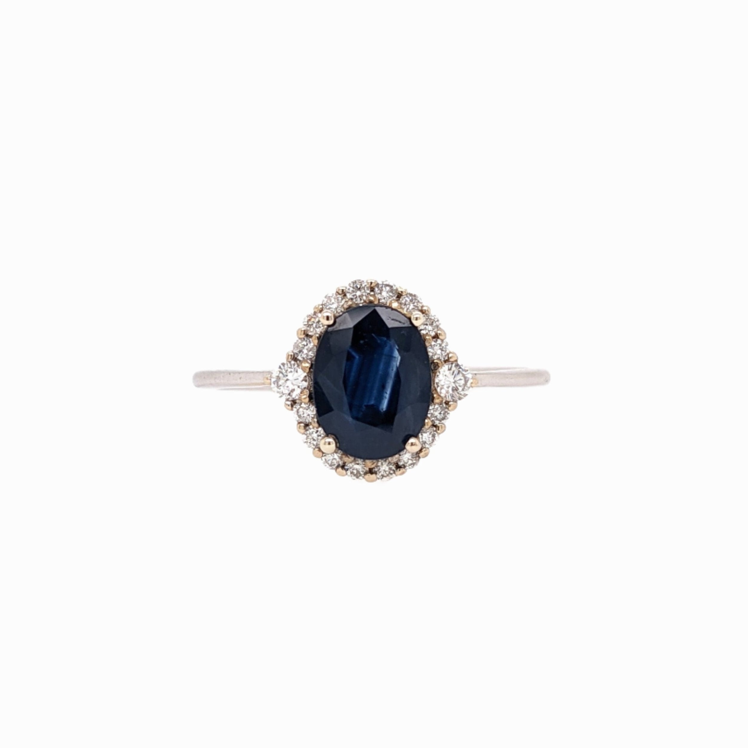 Oval Sapphire Ring w a Natural Diamond Halo in Solid 14k White Gold | Blue Gemstone | Oval Cut | Customizable | September Birthstone