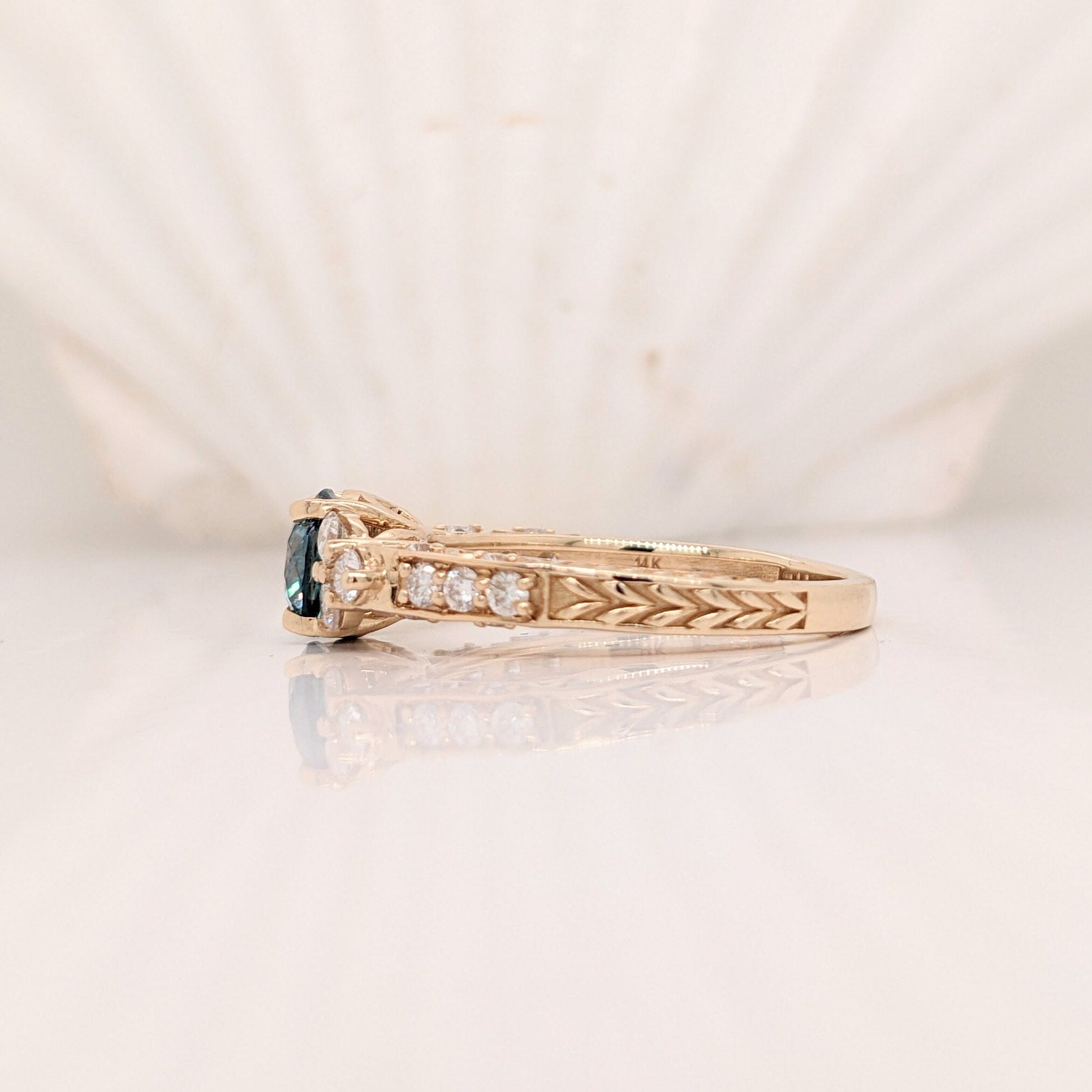 Vintage Inspired Blue Diamond Ring in Solid 14K Gold | Round 6mm | Textured Shank | Art Deco | Wide Band | April Birthstone | Blue Gemstone