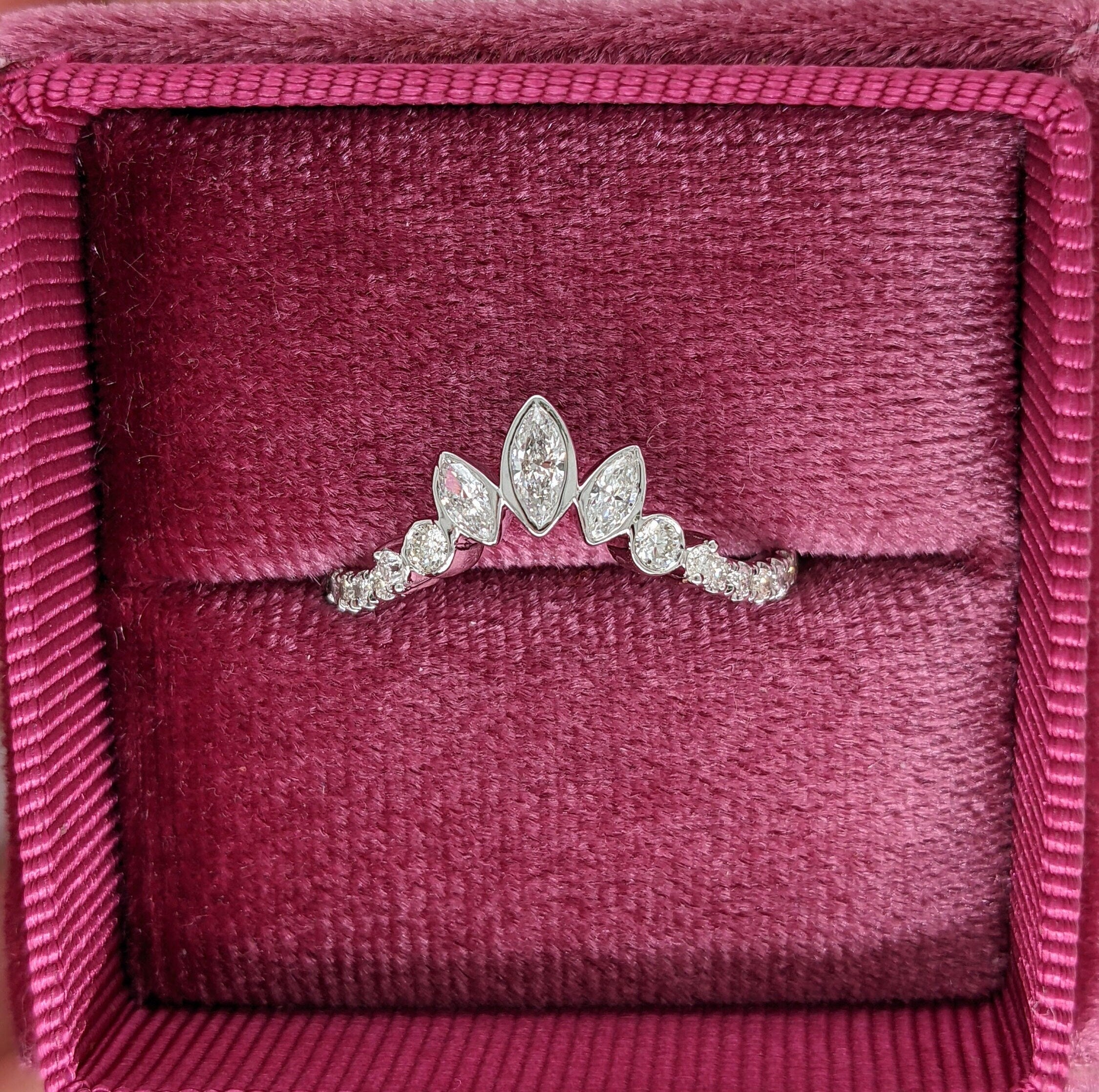 Tiara Shadow Band w Bezel Set Natural Diamonds in Solid 14k Gold | Marquise Diamonds | Unique Wedding Band | Crown | Stackable | Sizable