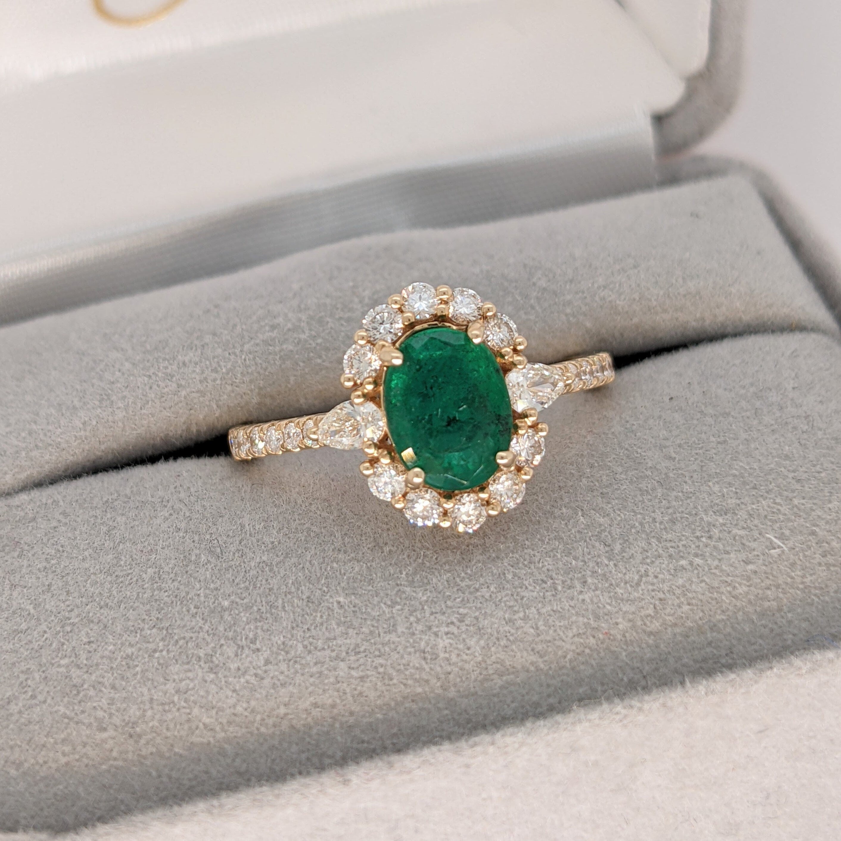 Emerald Ring In 14k Yellow Gold w Diamond Halo and Pear Diamond Accents | Oval 8x6mm | Pave Shank | May Birthstone | Green Gemstone Ring